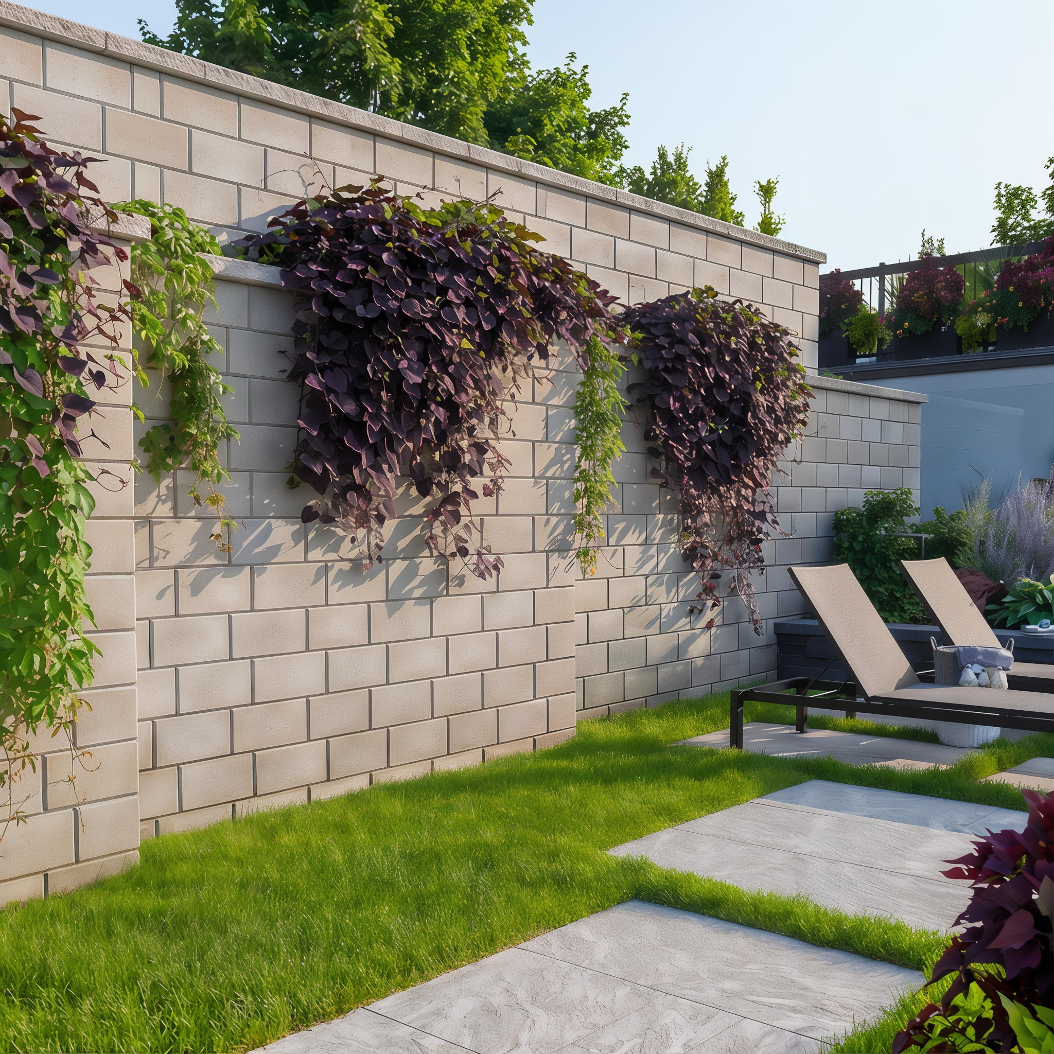 Raffinato wall by Techo-Bloc in the color Beige Cream on an outdoor patio, enhancing the area with a refined and inviting design.