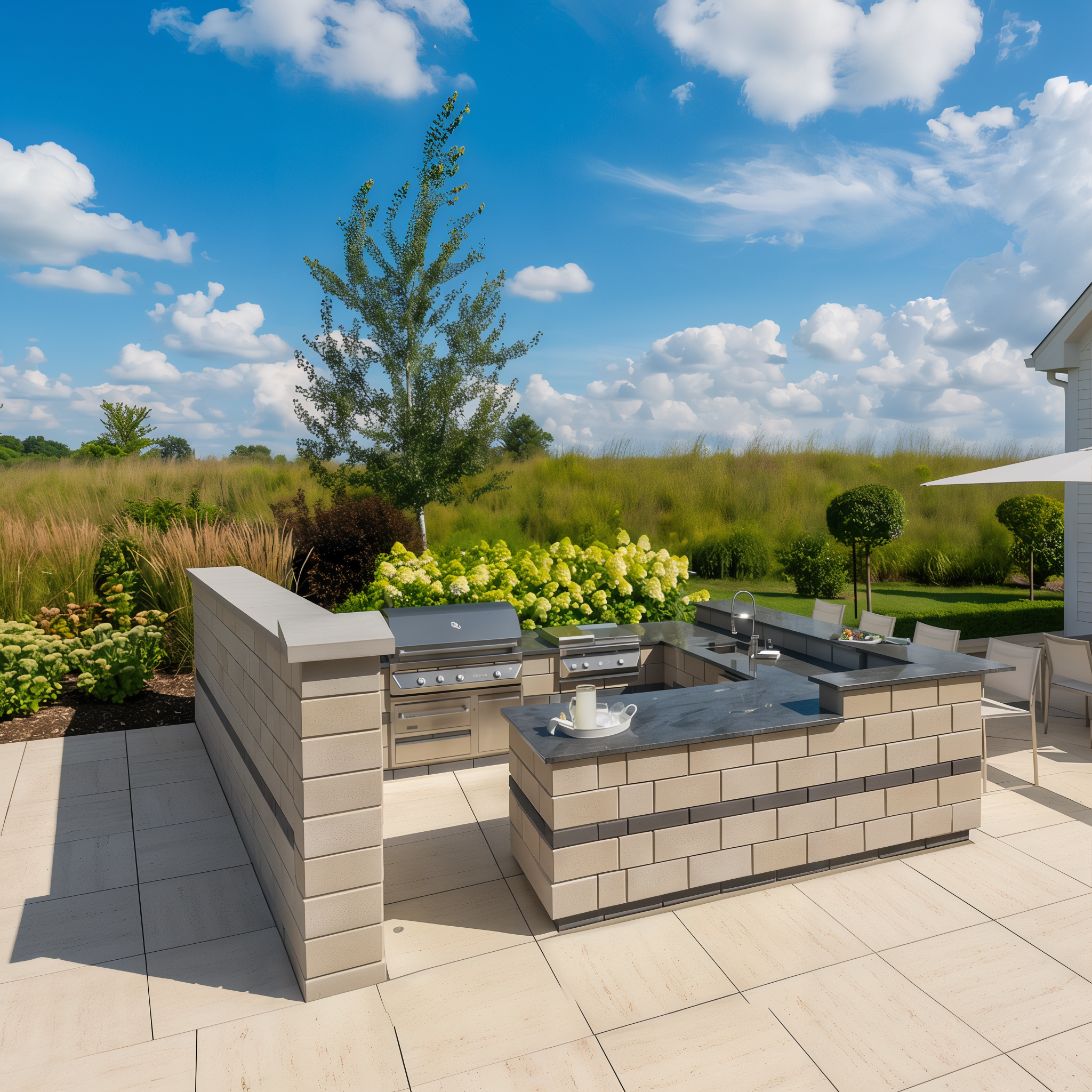 Raffinato wall by Techo-Bloc in the color Beige Cream on an outdoor patio, enhancing the area with a refined and inviting design.
