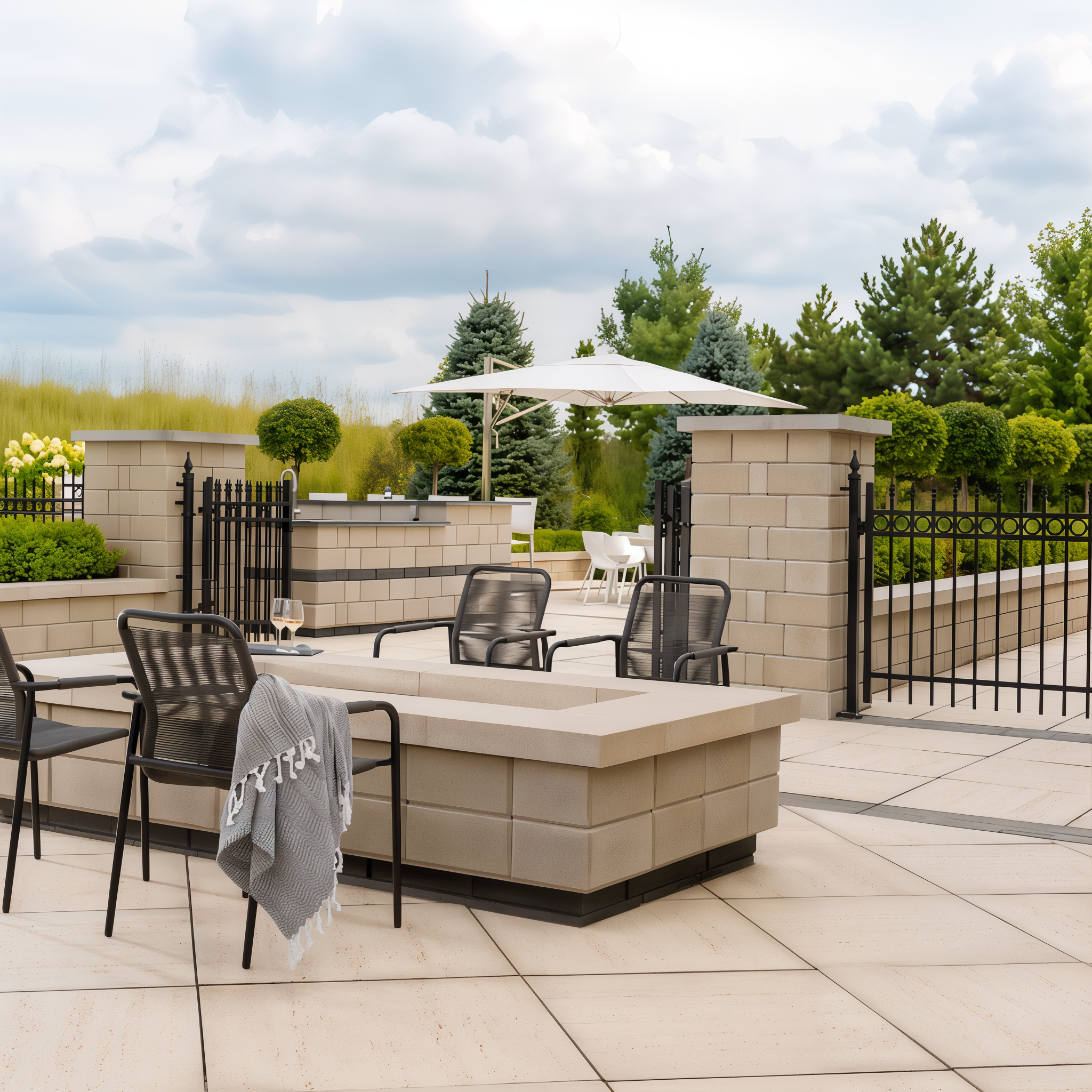 Raffinato wall by Techo-Bloc in the color Beige Cream on an outdoor patio, enhancing the area with a refined and inviting design.