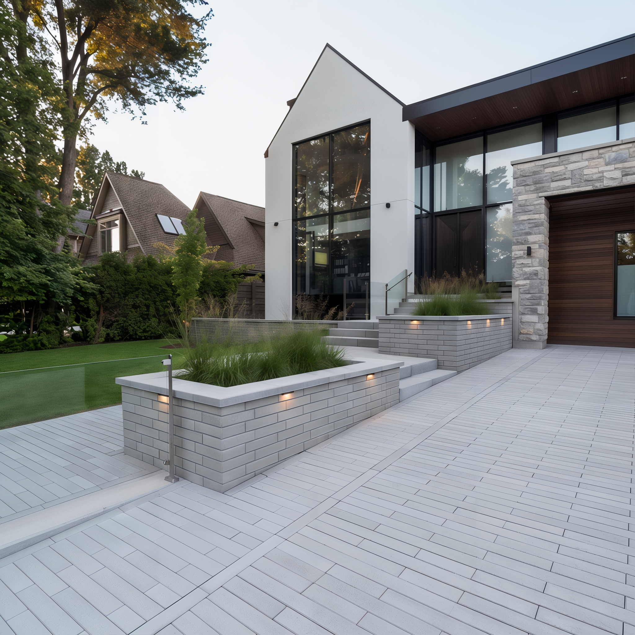 Raffinato wall by Techo-Bloc in the color Shale Grey along a walkway, providing a refined and cohesive boundary for the path.
