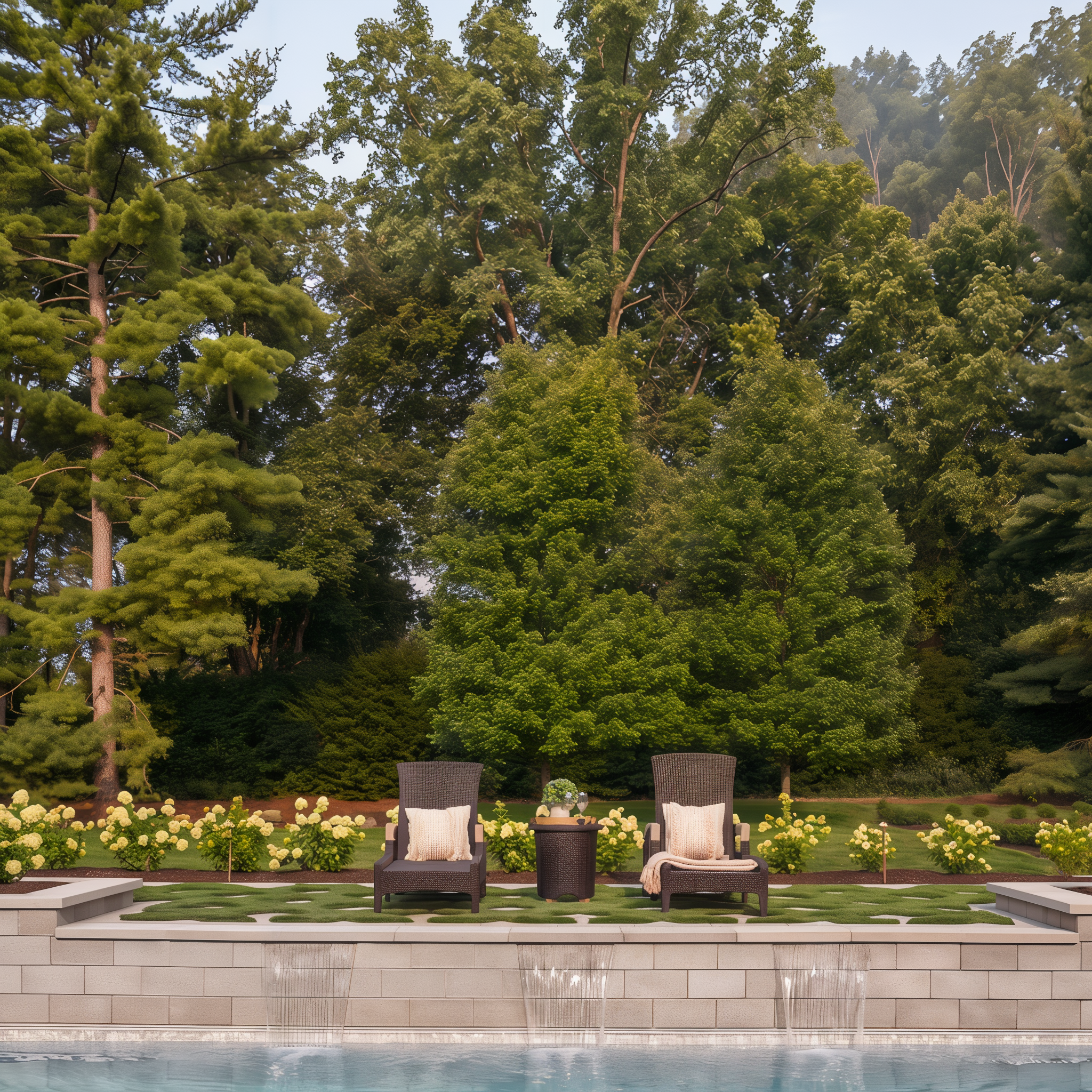 Raffinato wall by Techo-Bloc in the color Caffe Crema on a patio by the pool, providing a refined and inviting backdrop for poolside relaxation.