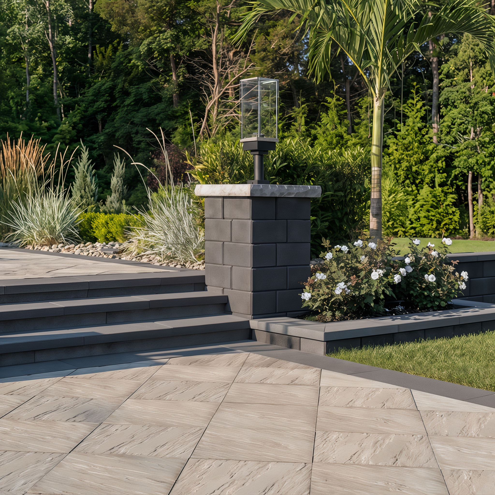 Raffinato wall by Techo-Bloc in the color onyx black along a walkway, adding a sleek and modern border to the path.