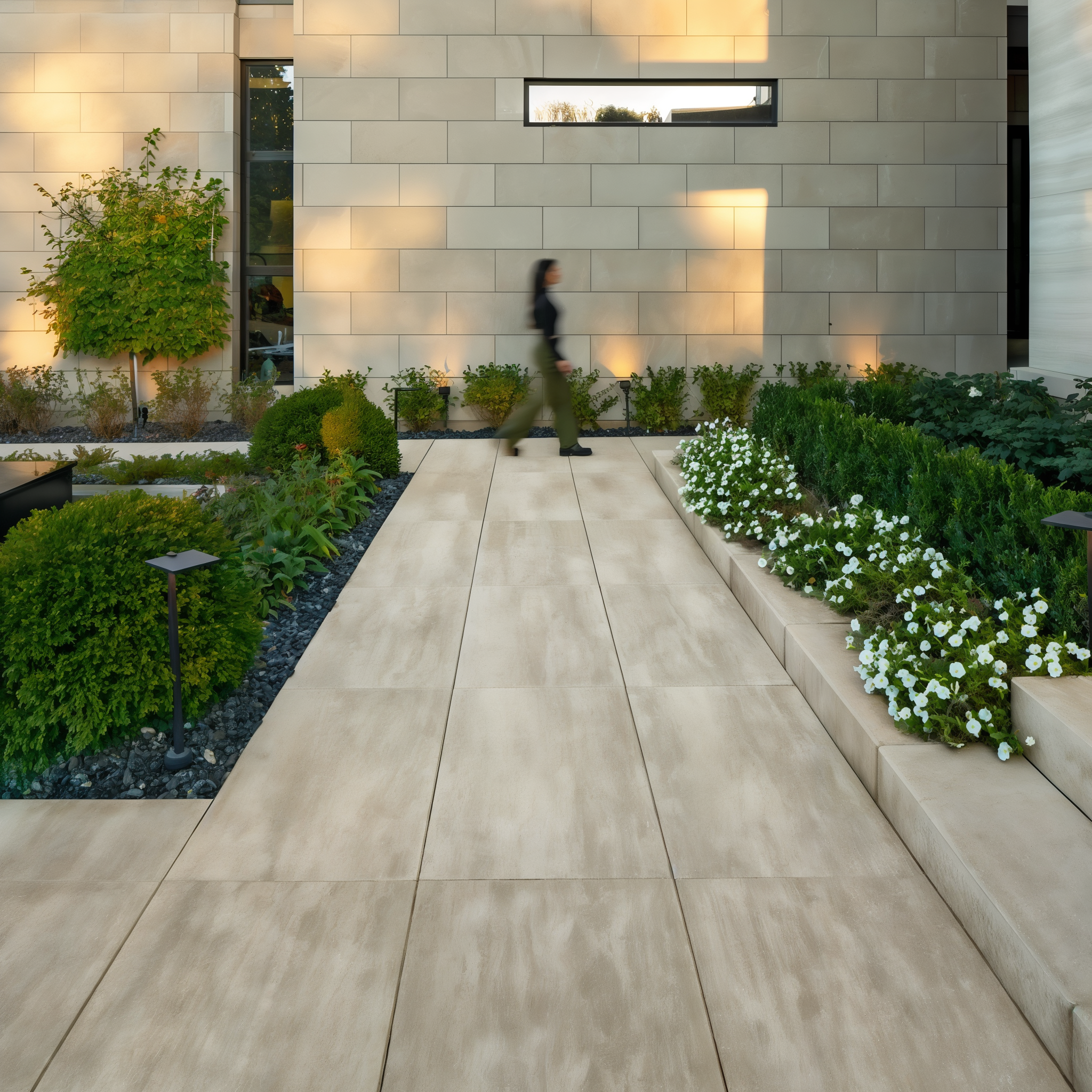 Industria 600 and 900 Slabs in Caffe Crema walkway with raised planters.