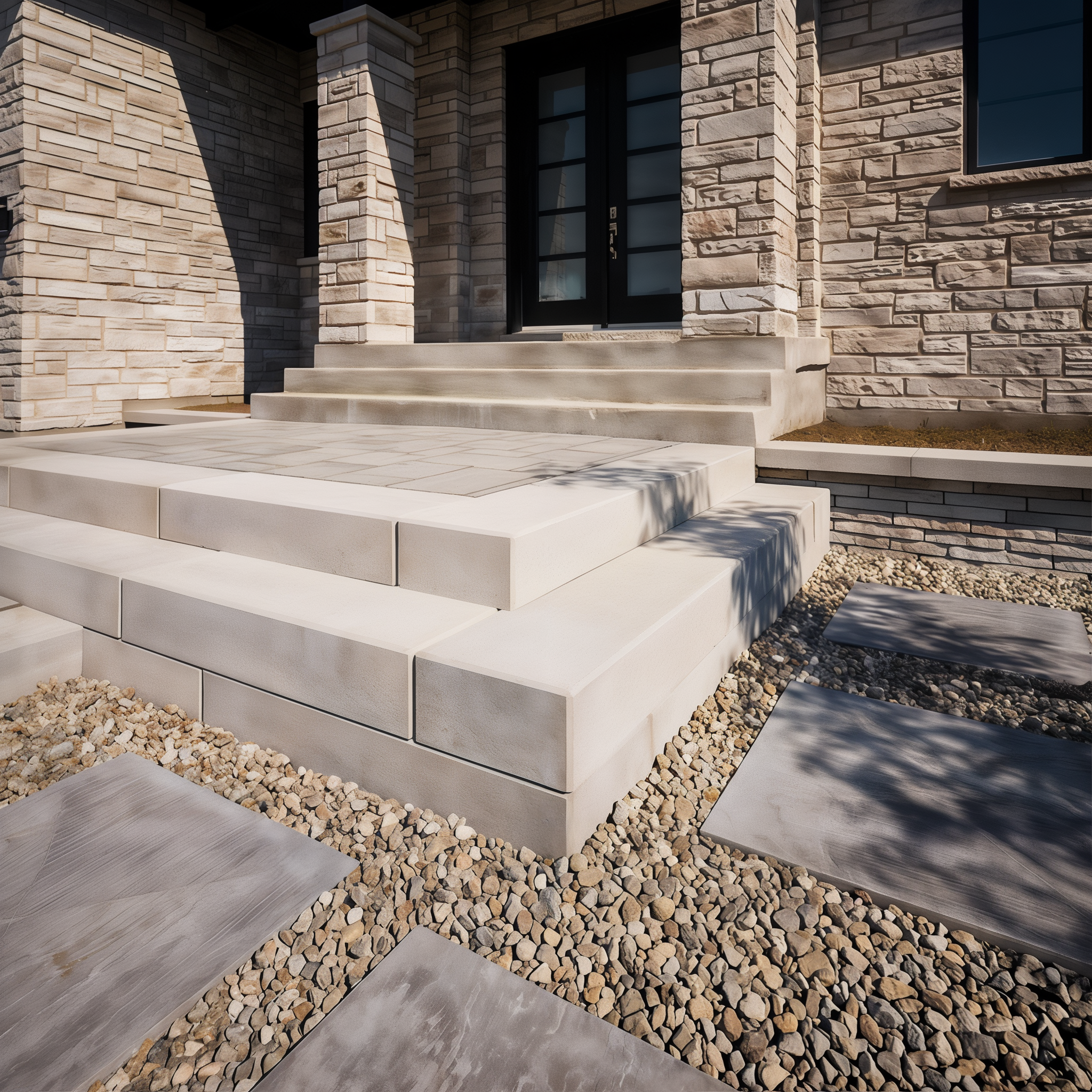 Outdoor stairs built with Raffinato Steps, Shale Grey smooth single size.
