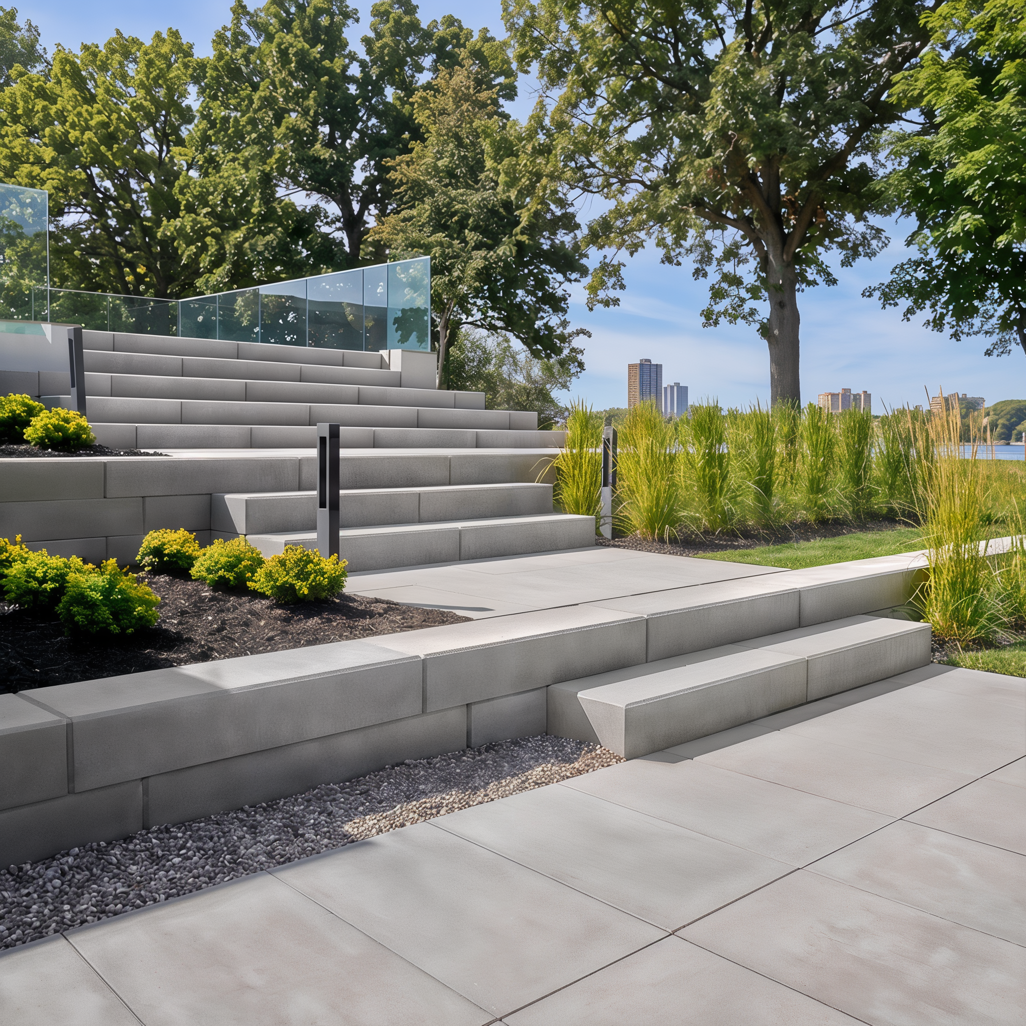Outdoor stairs made with Raffinato Steps in Caffe Crema smooth single size.