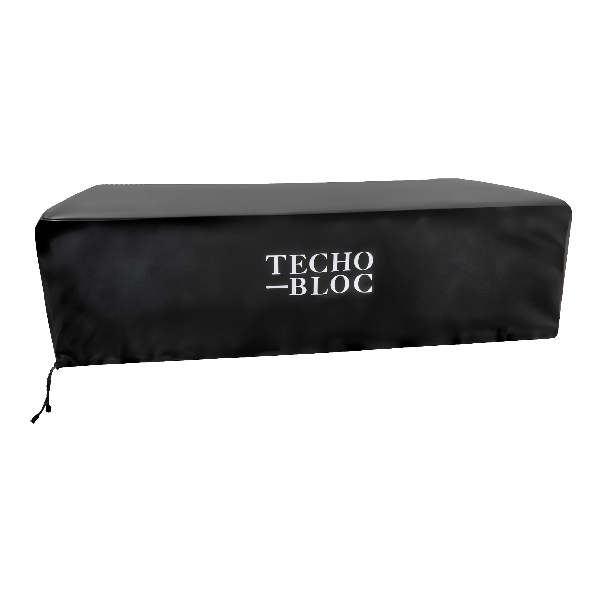 Black cover protecting a Techo-Bloc Sculptura Rectangle firepit, Cool Grey Smooth. #Cool Grey / Smooth#Single Size