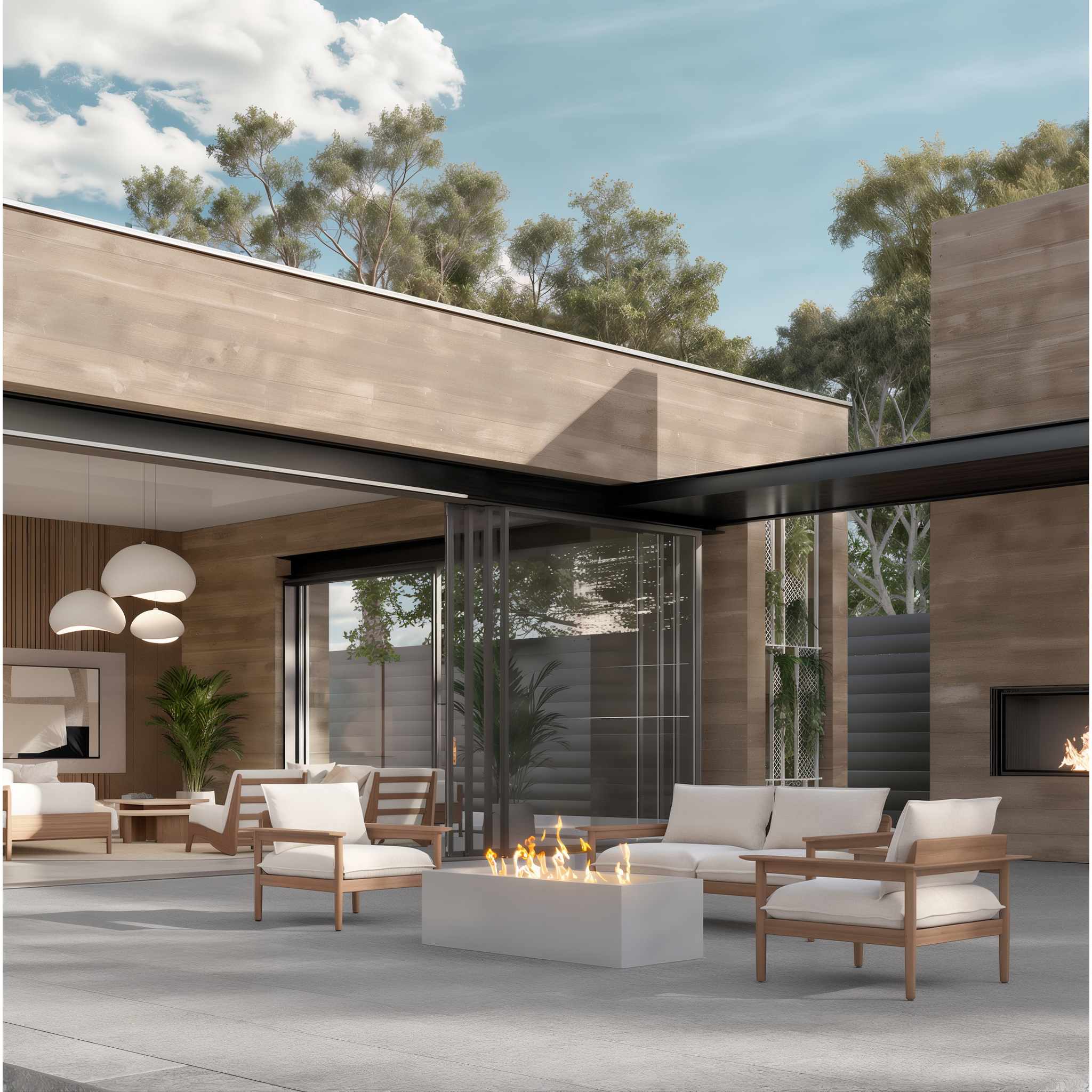 Modern patio featuring a Sculptura Rectangle firepit in Cool Grey Smooth. #Cool Grey / Smooth#Single Size