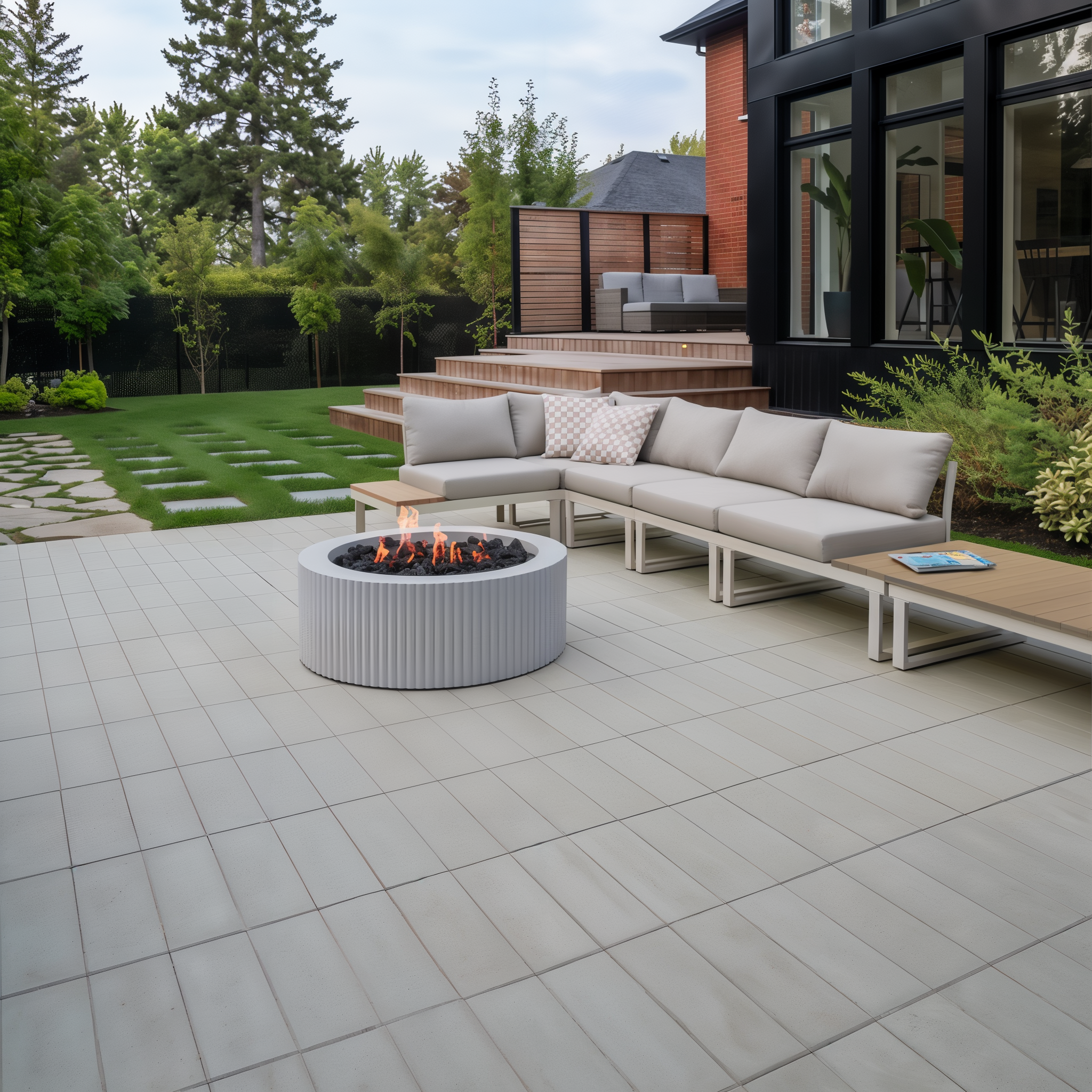 Sculptura Scalloped Firepit surrounded by Greyed Nickel Industria Pavers.