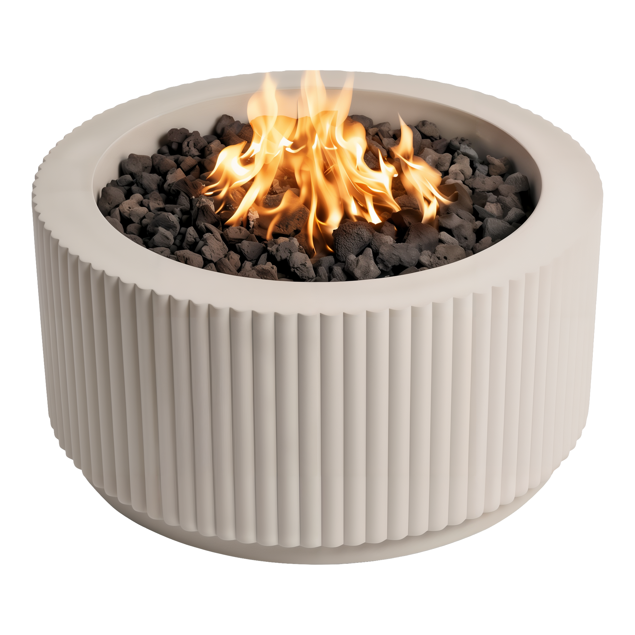 Close-up of Cool Grey Smooth Techo-Bloc Sculptura firepit with lava rocks. #Cool Grey / Smooth#Single Size