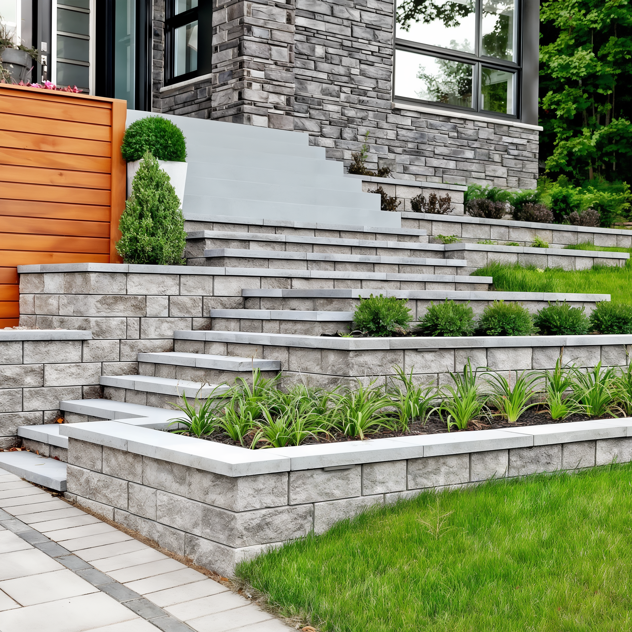Techo-Bloc Semma Wall Champlain Grey tiered retaining walls with steps.