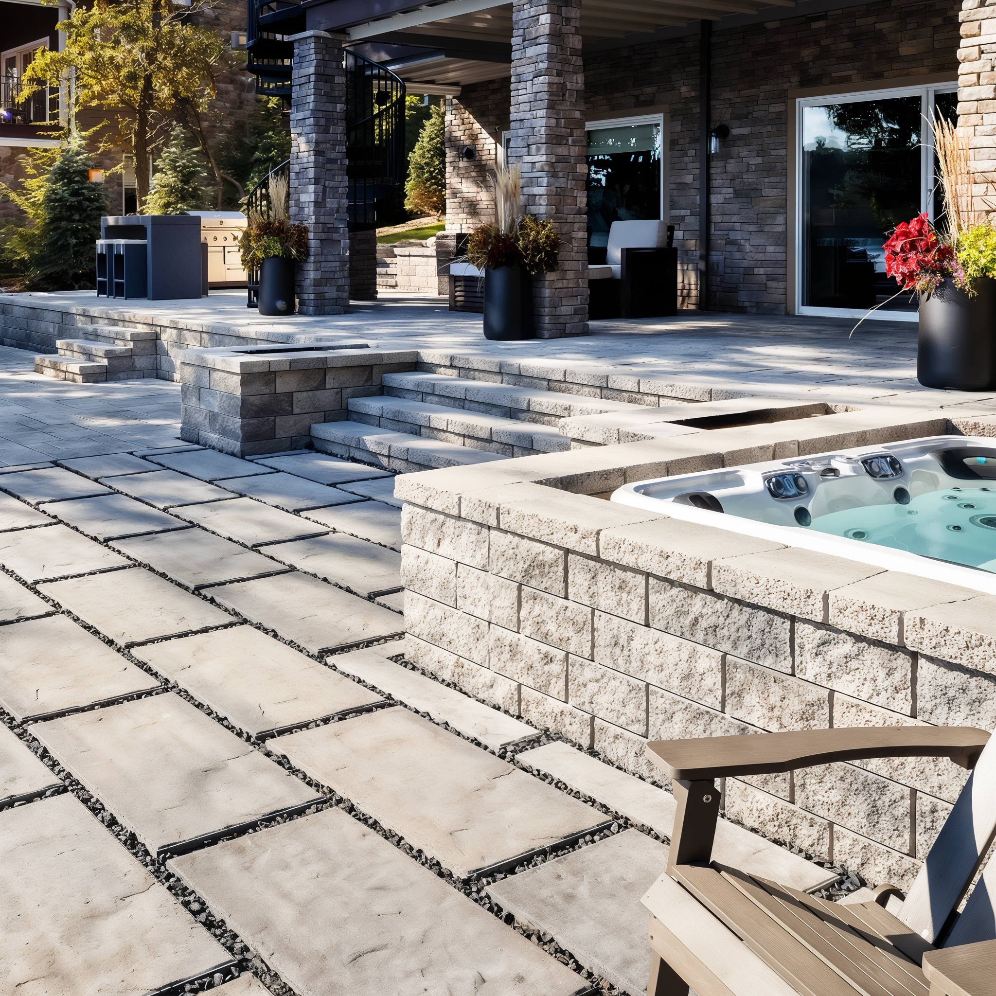 Techo-Bloc Semma Wall Champlain Grey seating wall on a backyard patio.