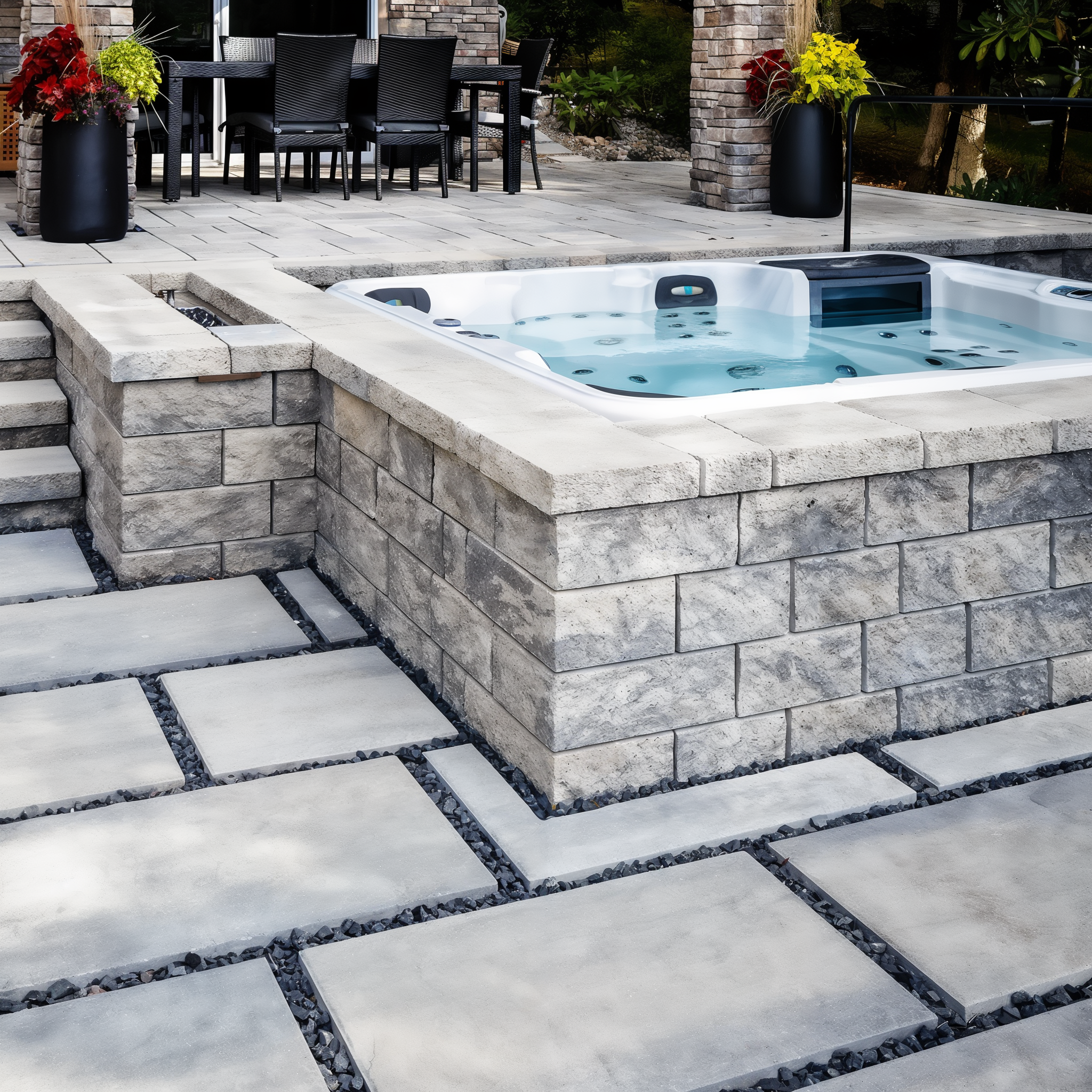 Techo-Bloc Semma Wall Champlain Grey spa platform and steps.