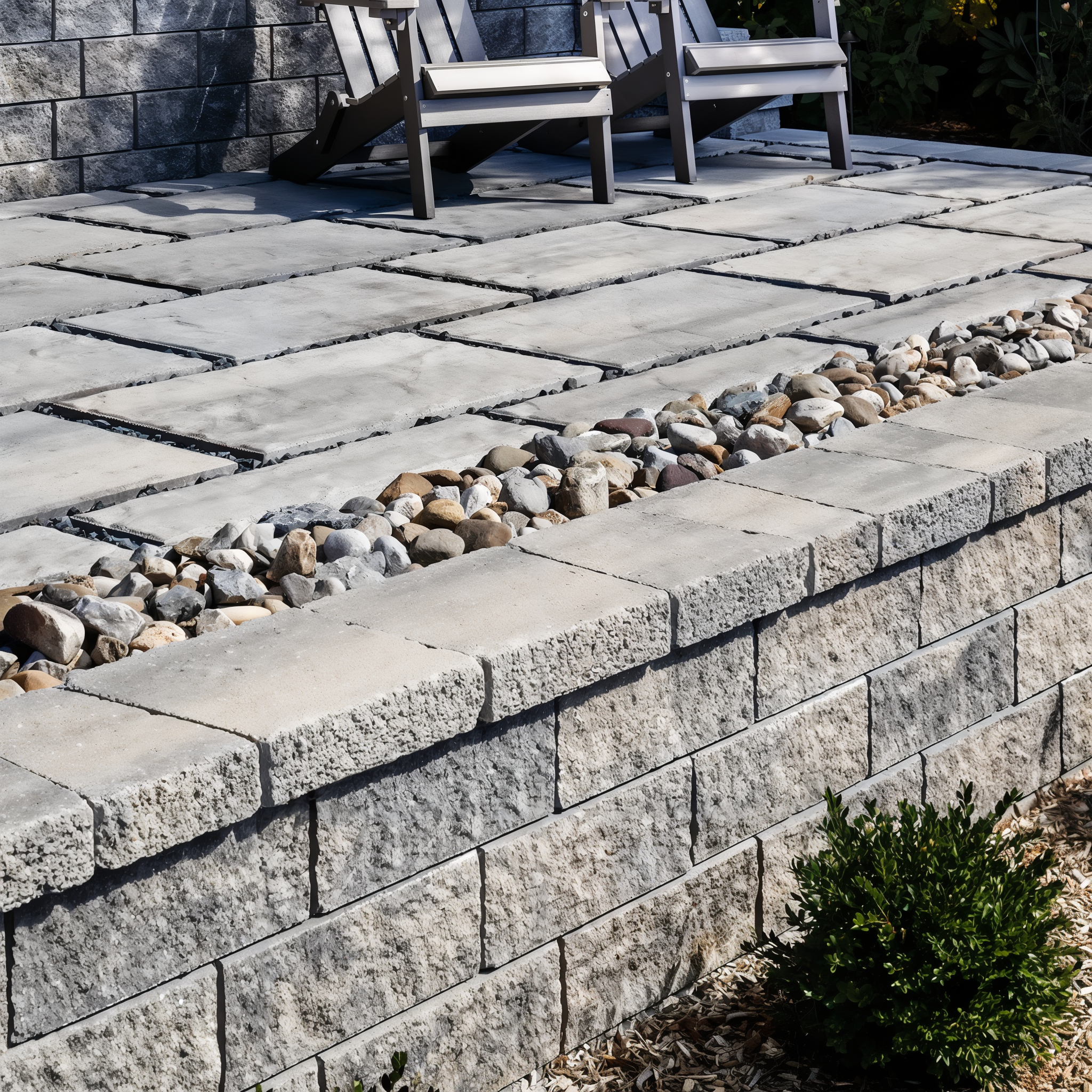 Techo-Bloc Semma Wall Champlain Grey linear wall with river-rock border.