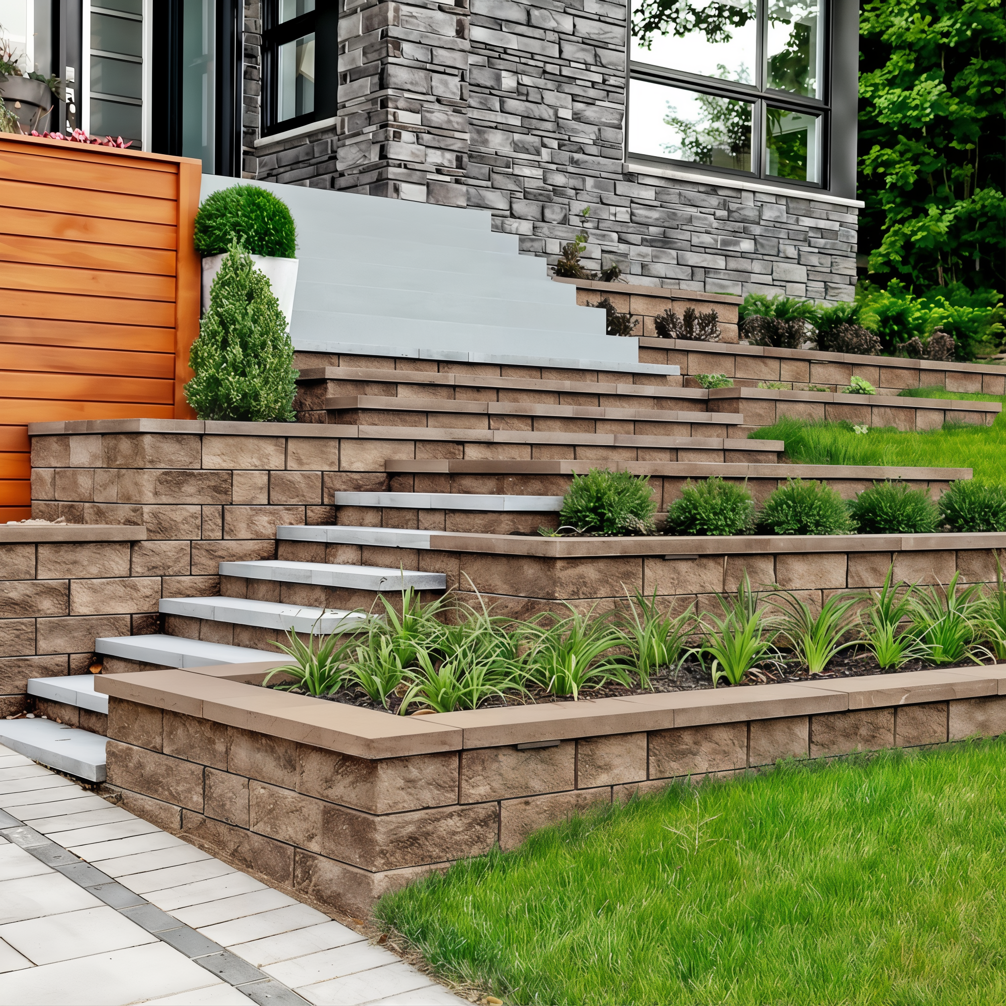 Techo-Bloc Semma Wall Chestnut Brown tiered retaining walls with steps.