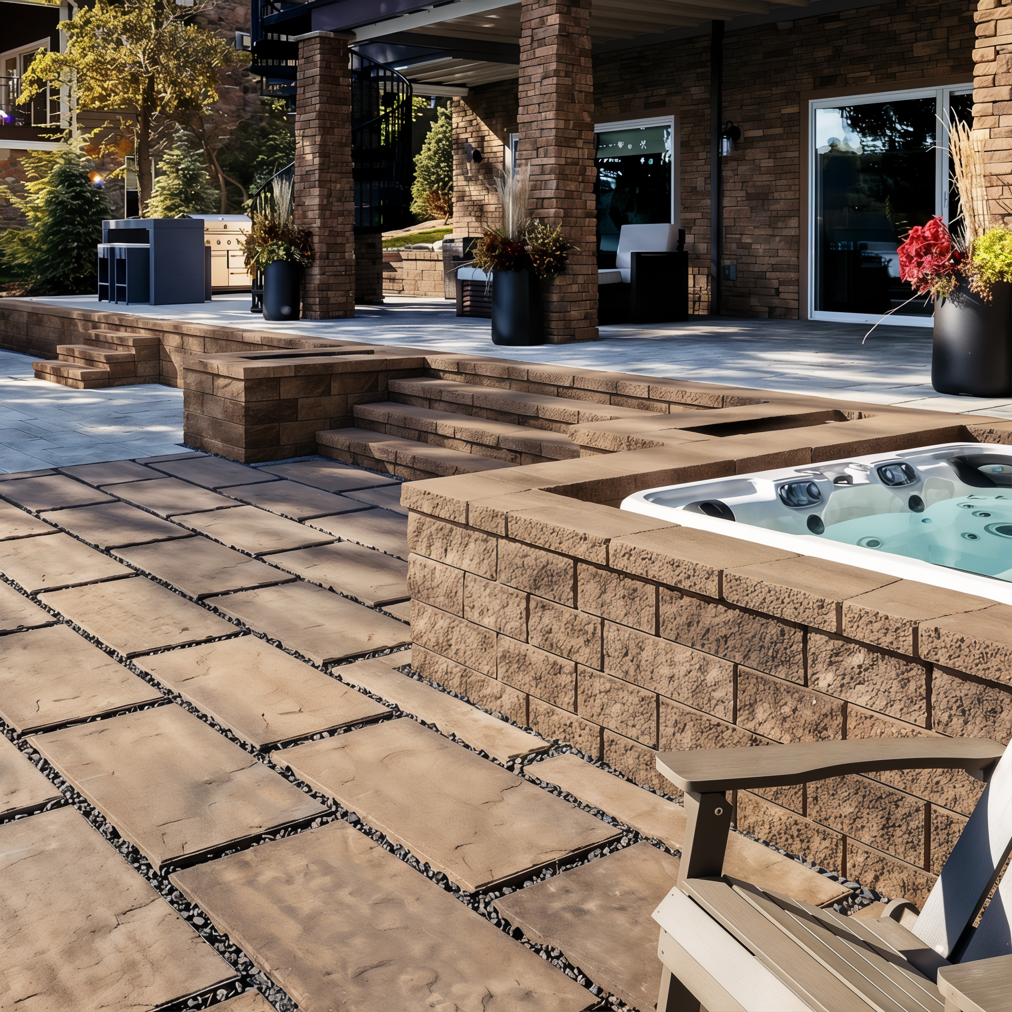 Techo-Bloc Semma Wall Chestnut Brown seating wall on a backyard patio.