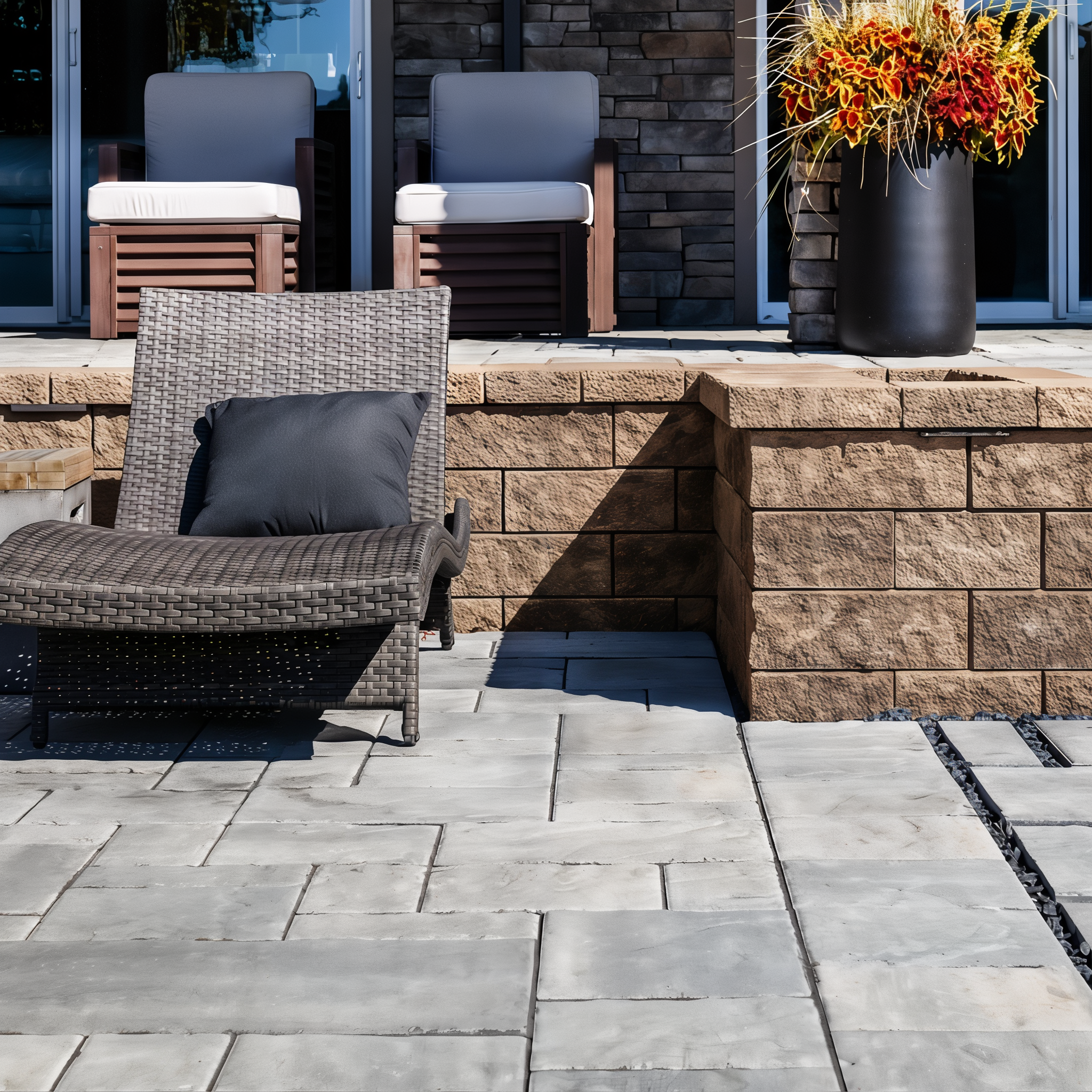 Techo-Bloc Semma Wall Chestnut Brown walls framing a spa terrace.