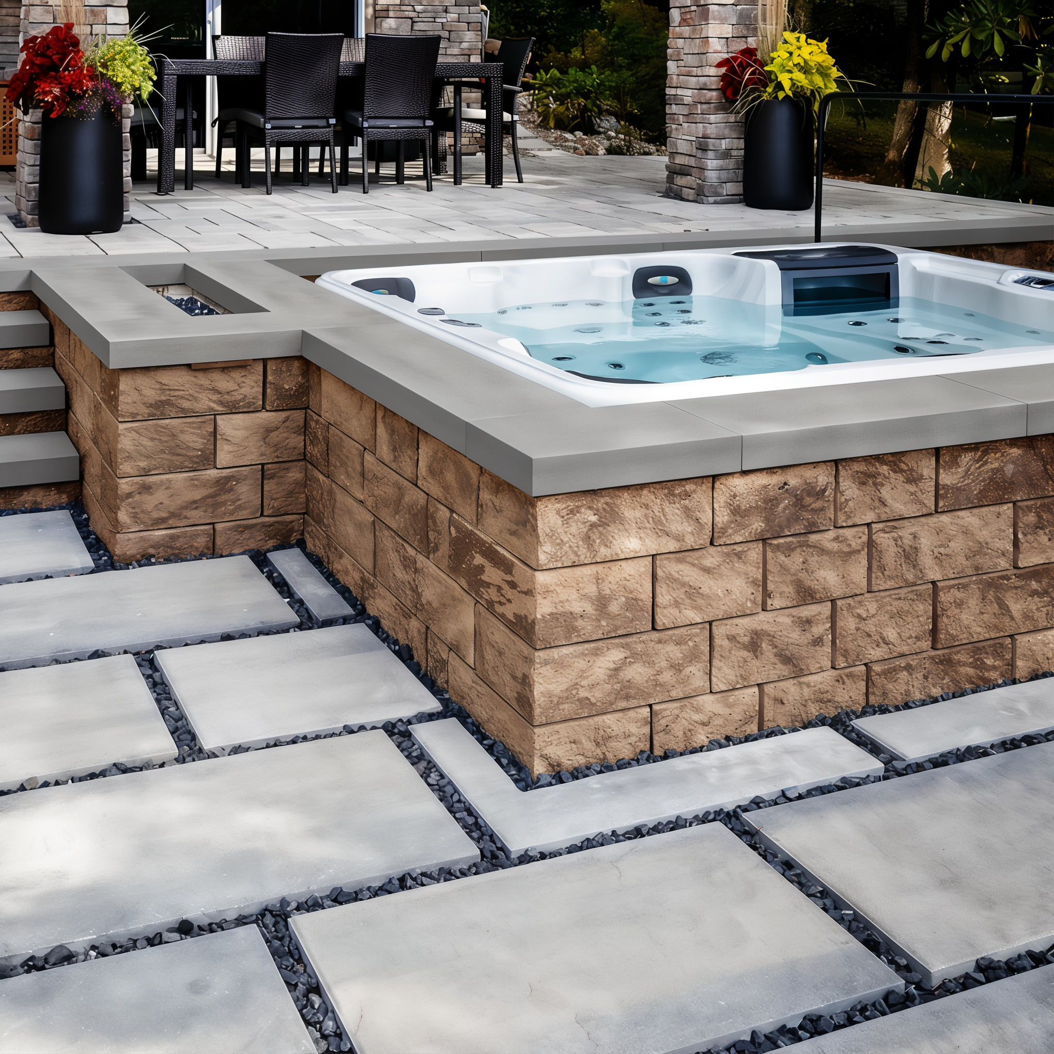 Techo-Bloc Semma Wall Chestnut Brown spa platform and steps.