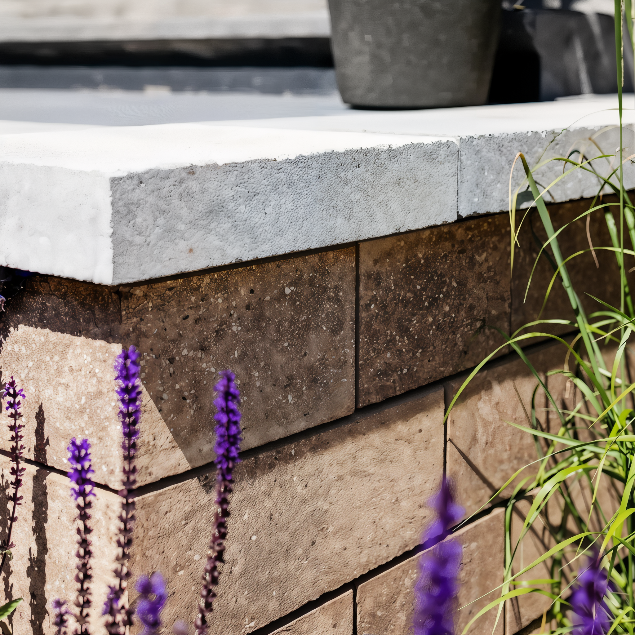 Techo-Bloc Semma Wall Chestnut Brown seating wall with garden plantings.