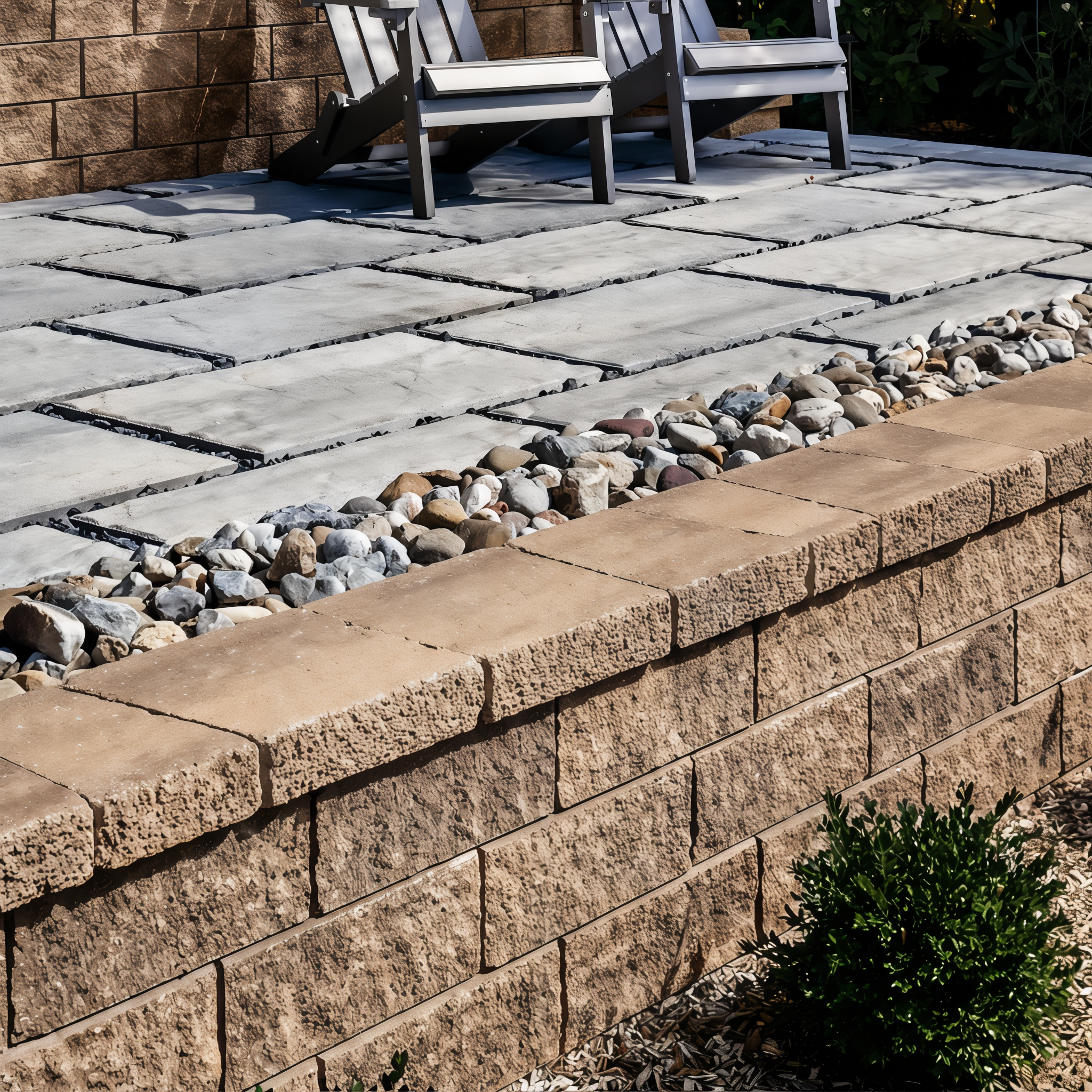 Techo-Bloc Semma Wall Chestnut Brown linear wall with river-rock border.