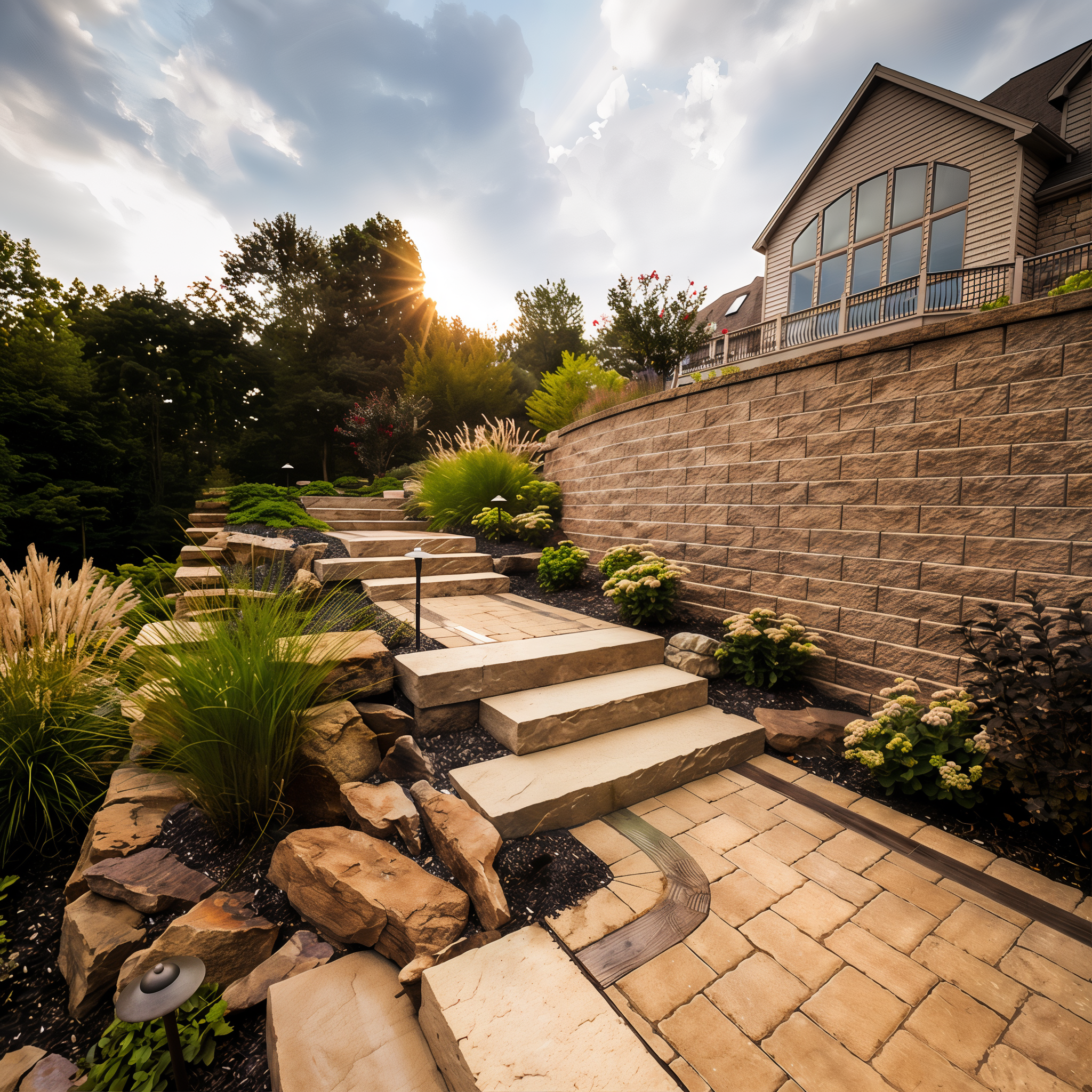 Semma Wall Chestnut Brown Split wall creates a rustic backyard walkway. #Chestnut Brown / Split#Wall