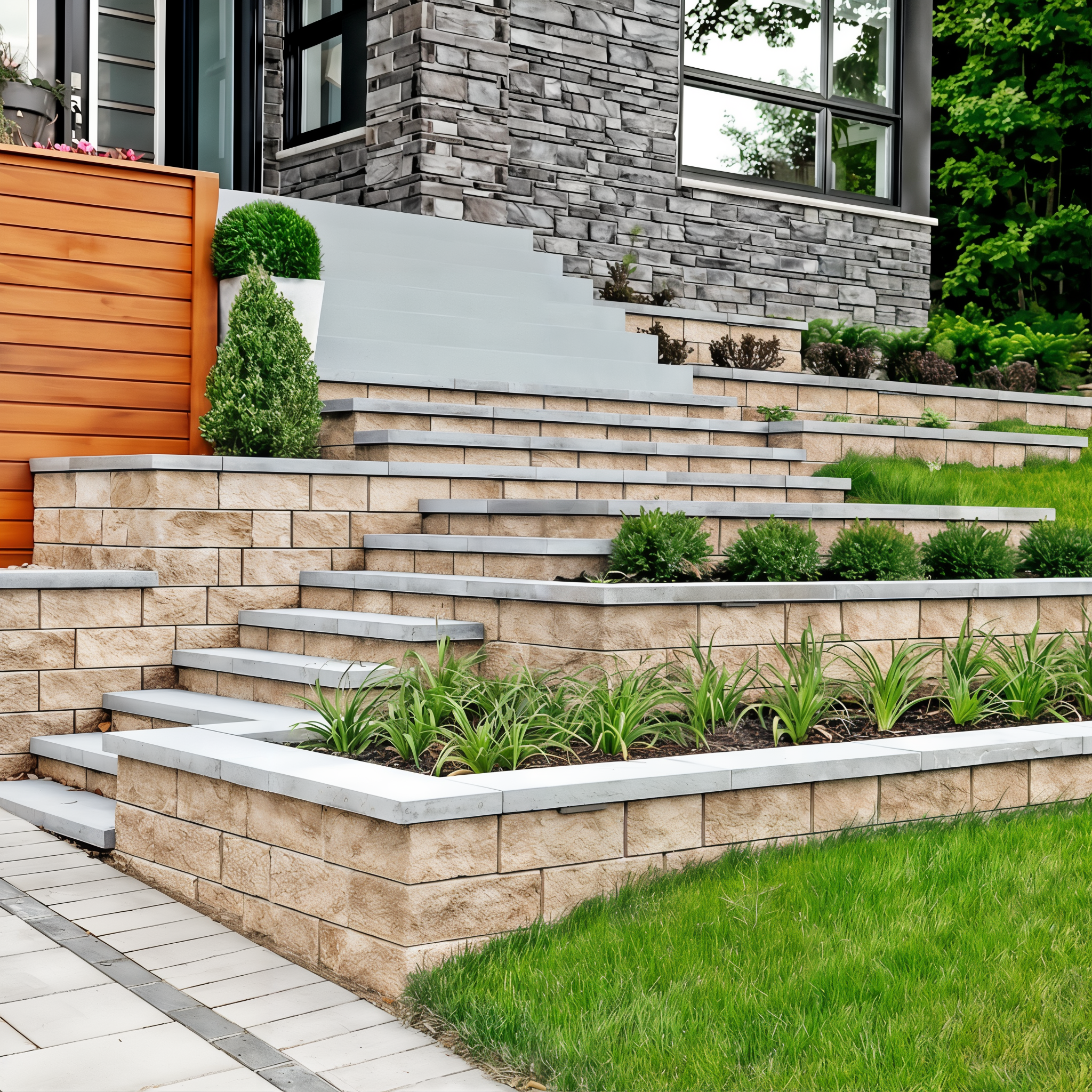 Techo-Bloc Semma Wall Sandlewood tiered retaining walls with steps.