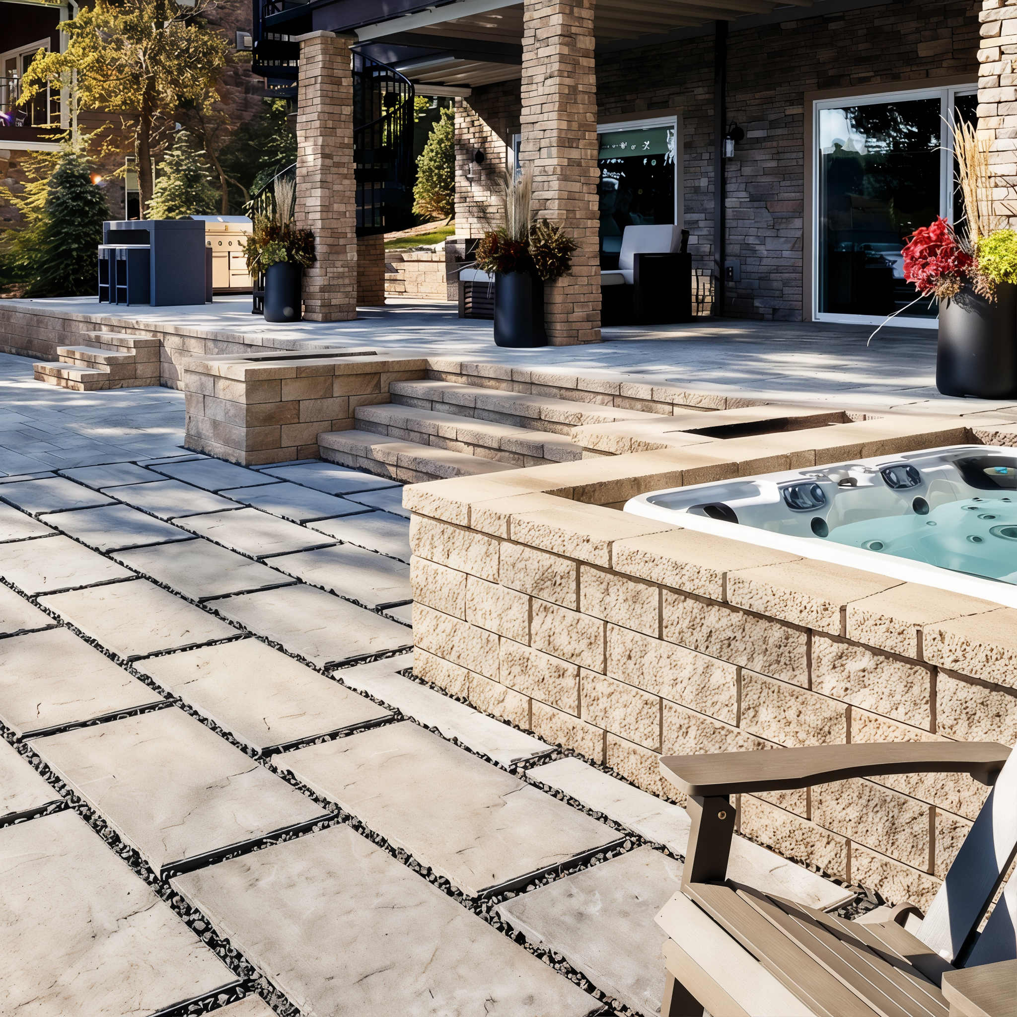 Techo-Bloc Semma Wall Sandlewood seating wall on a backyard patio.