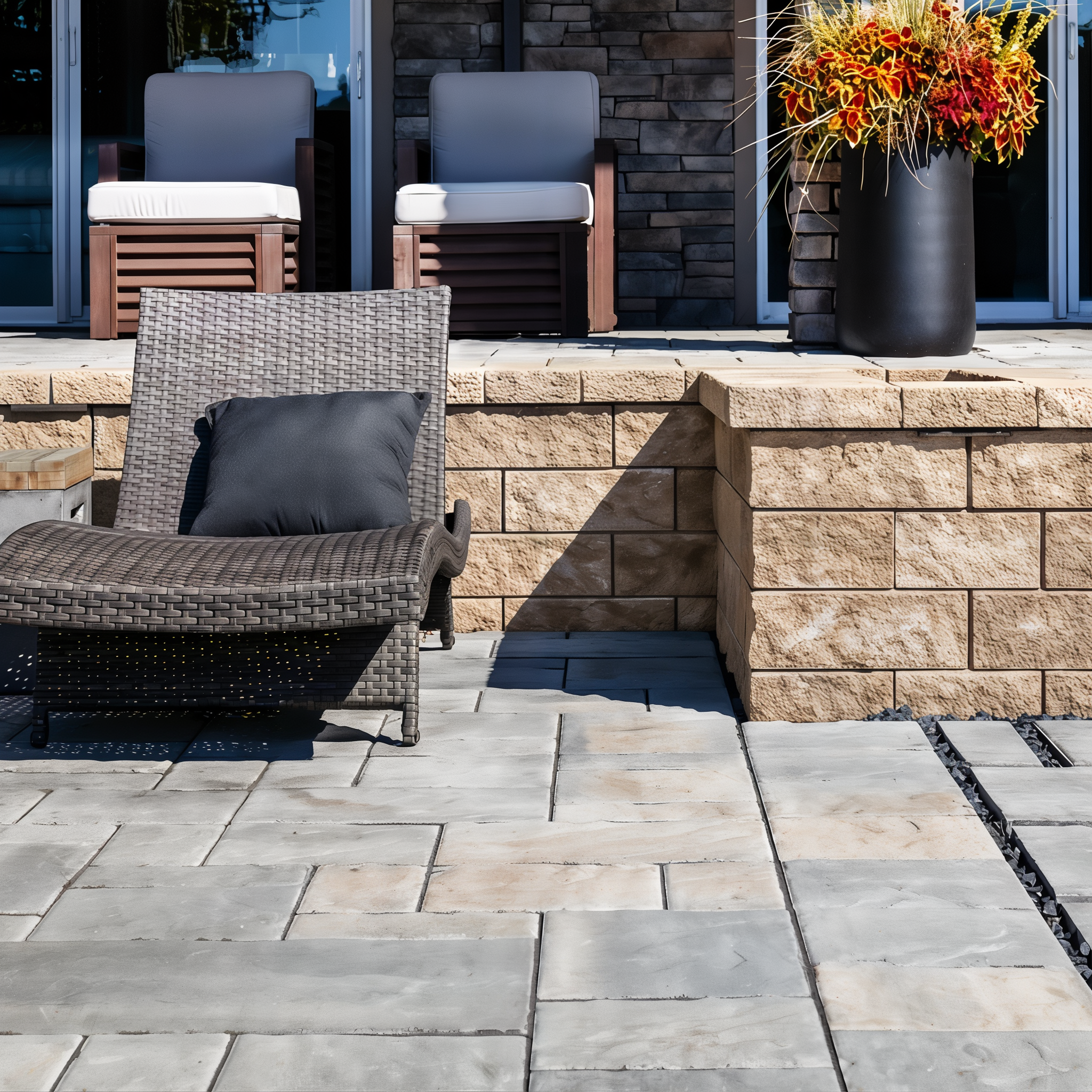 Techo-Bloc Semma Wall Sandlewood walls framing a spa terrace.