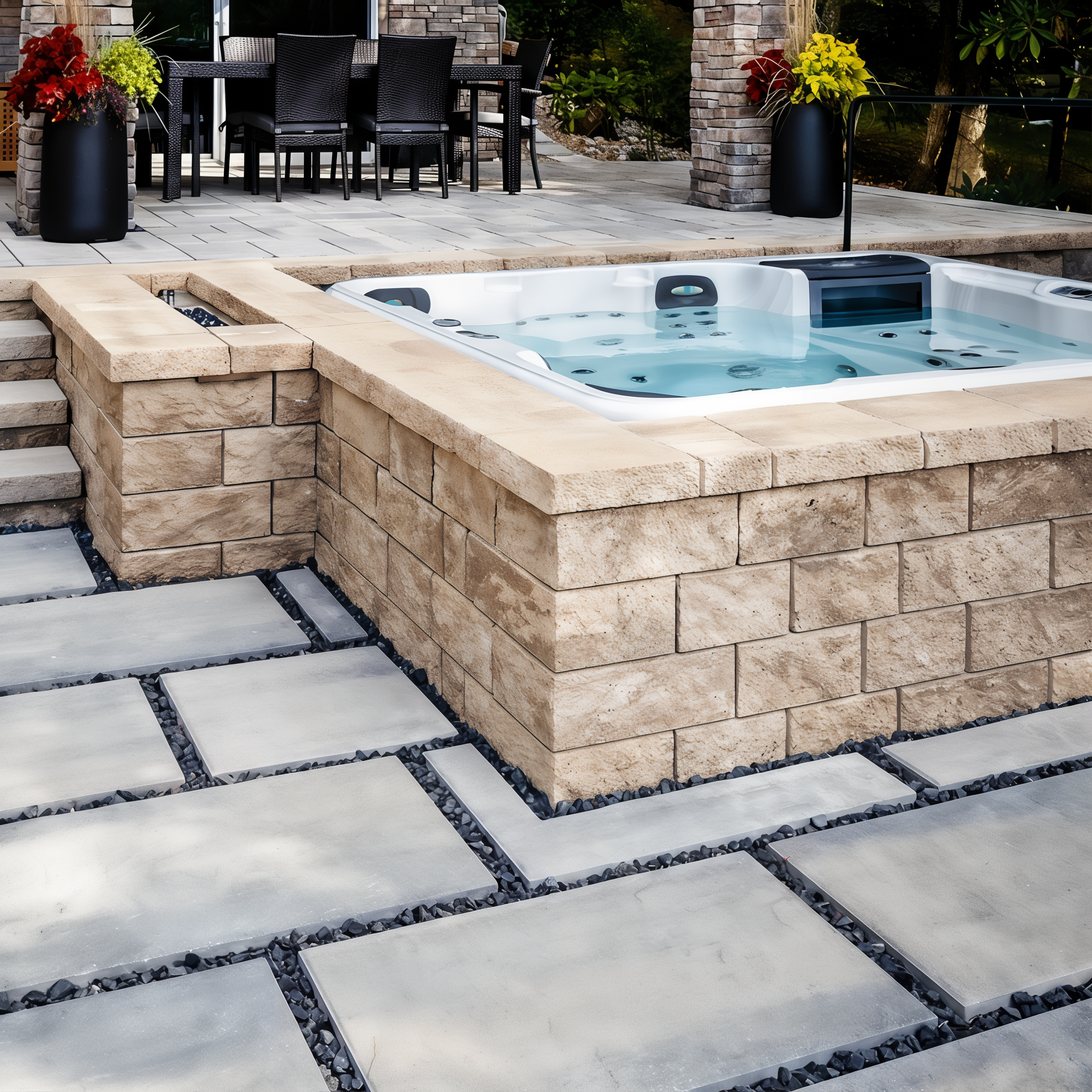 Techo-Bloc Semma Wall Sandlewood spa platform and steps.