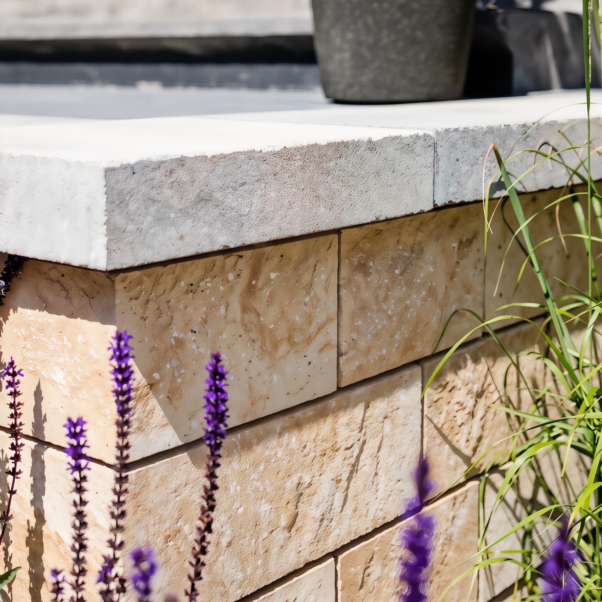 Techo-Bloc Semma Wall Sandlewood seating wall with garden plantings.