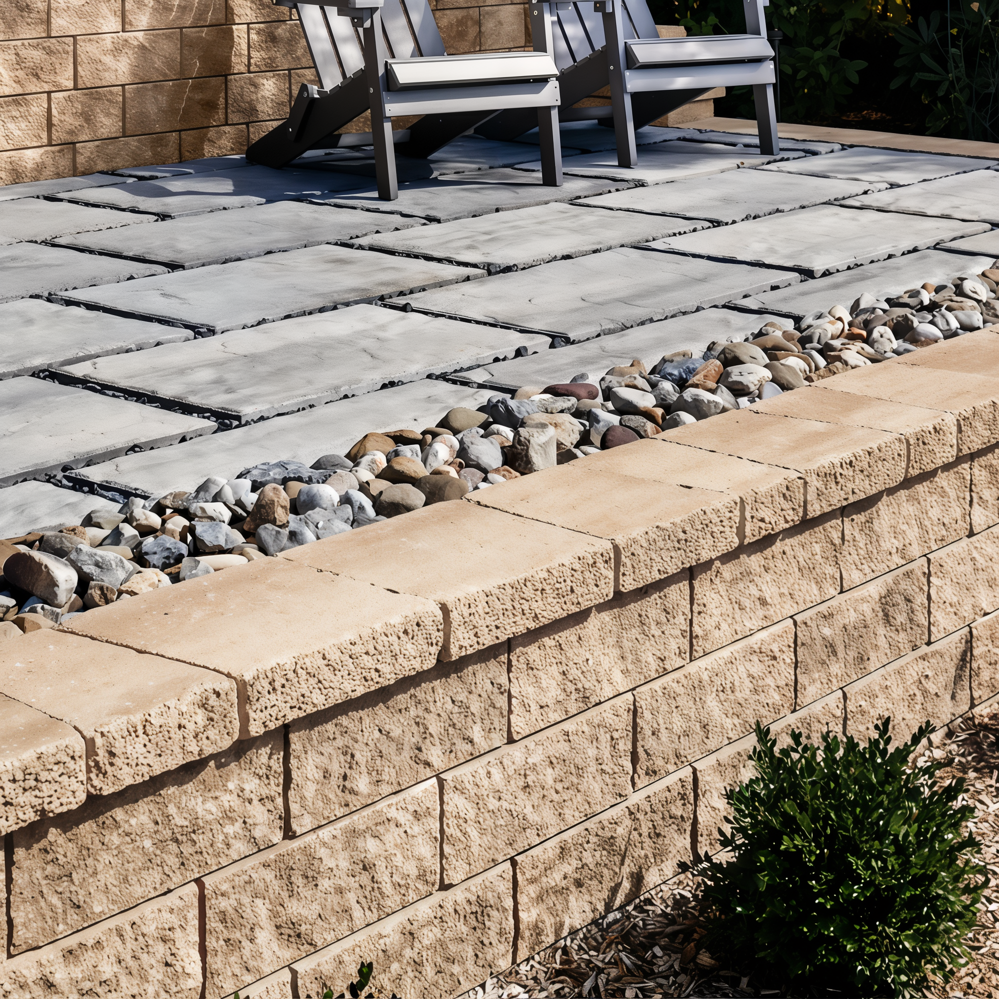 Techo-Bloc Semma Wall Sandlewood linear wall with river-rock border.