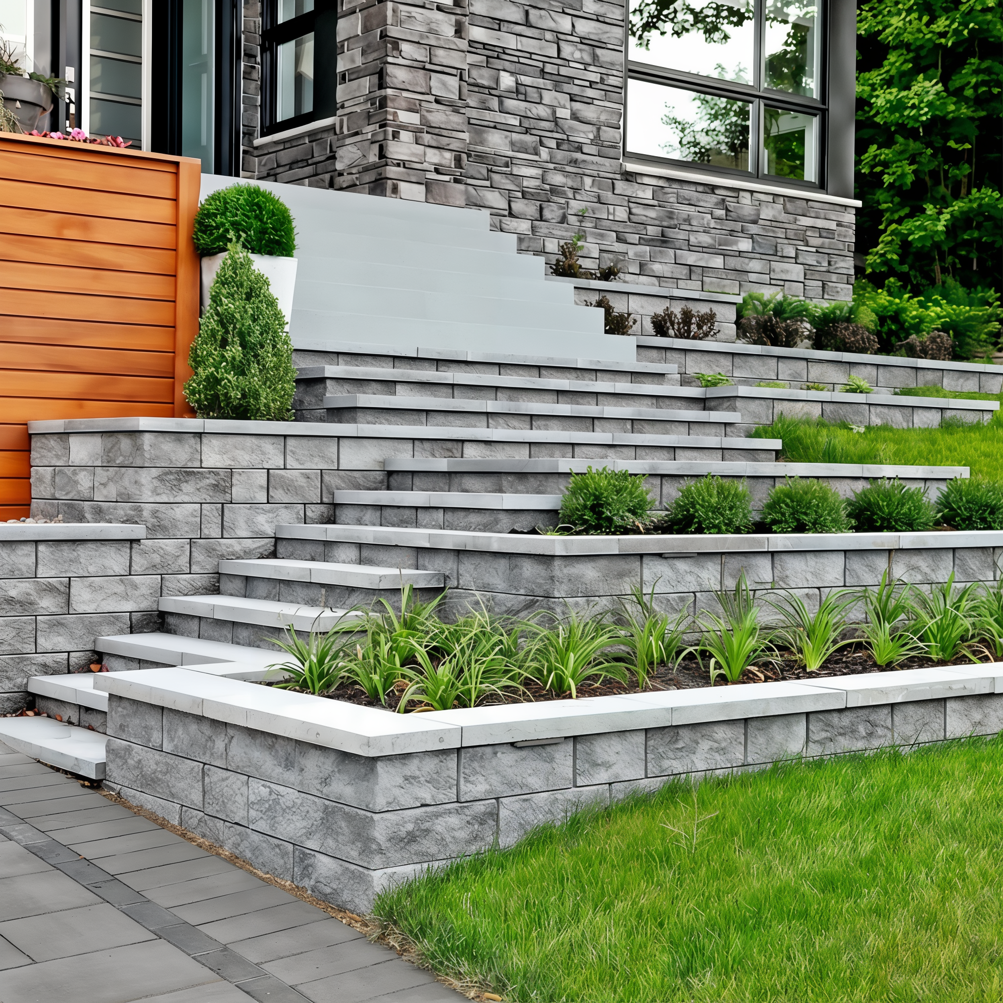 Techo-Bloc Semma Wall Shale Grey tiered retaining walls with steps.