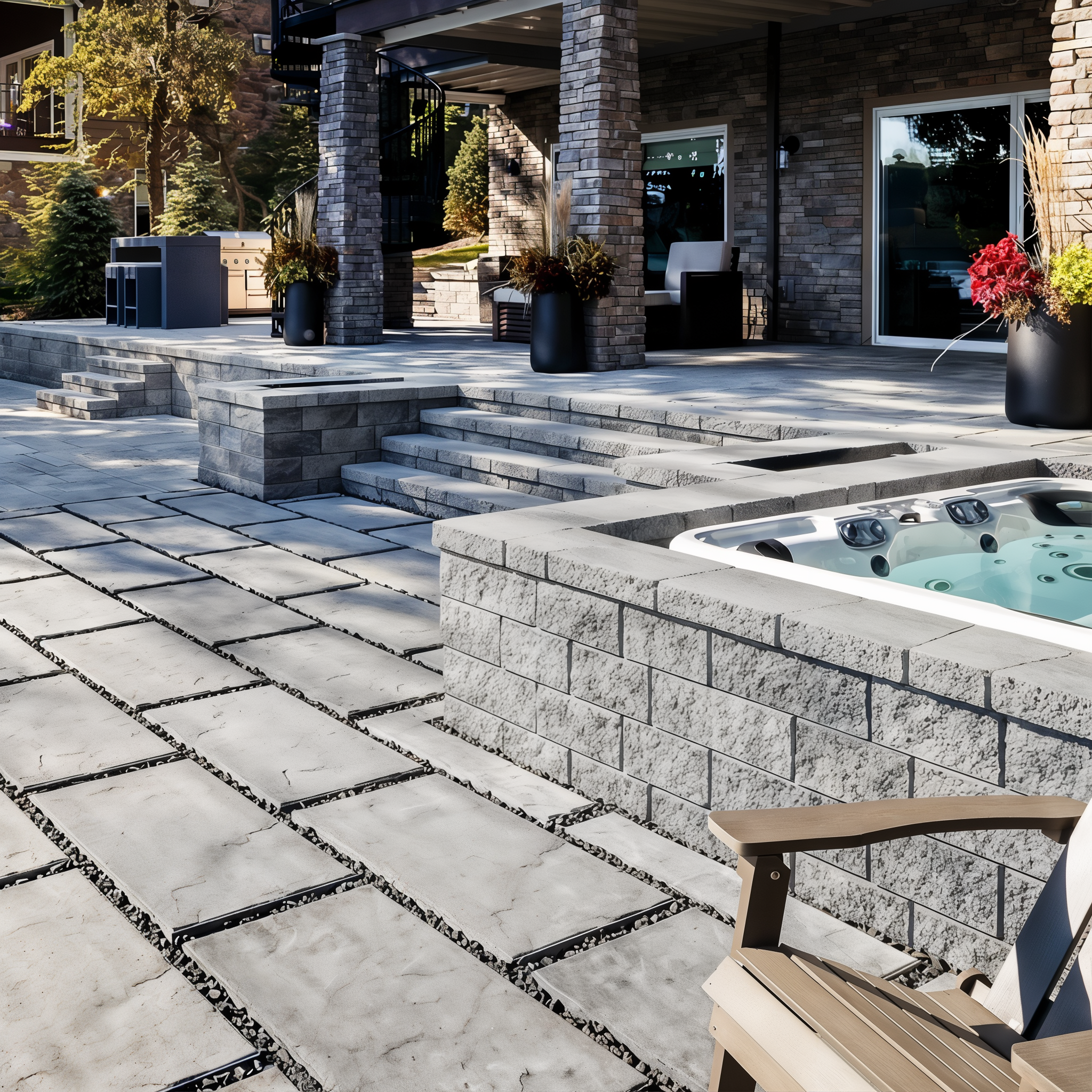 Techo-Bloc Semma Wall Shale Grey seating wall on a backyard patio.