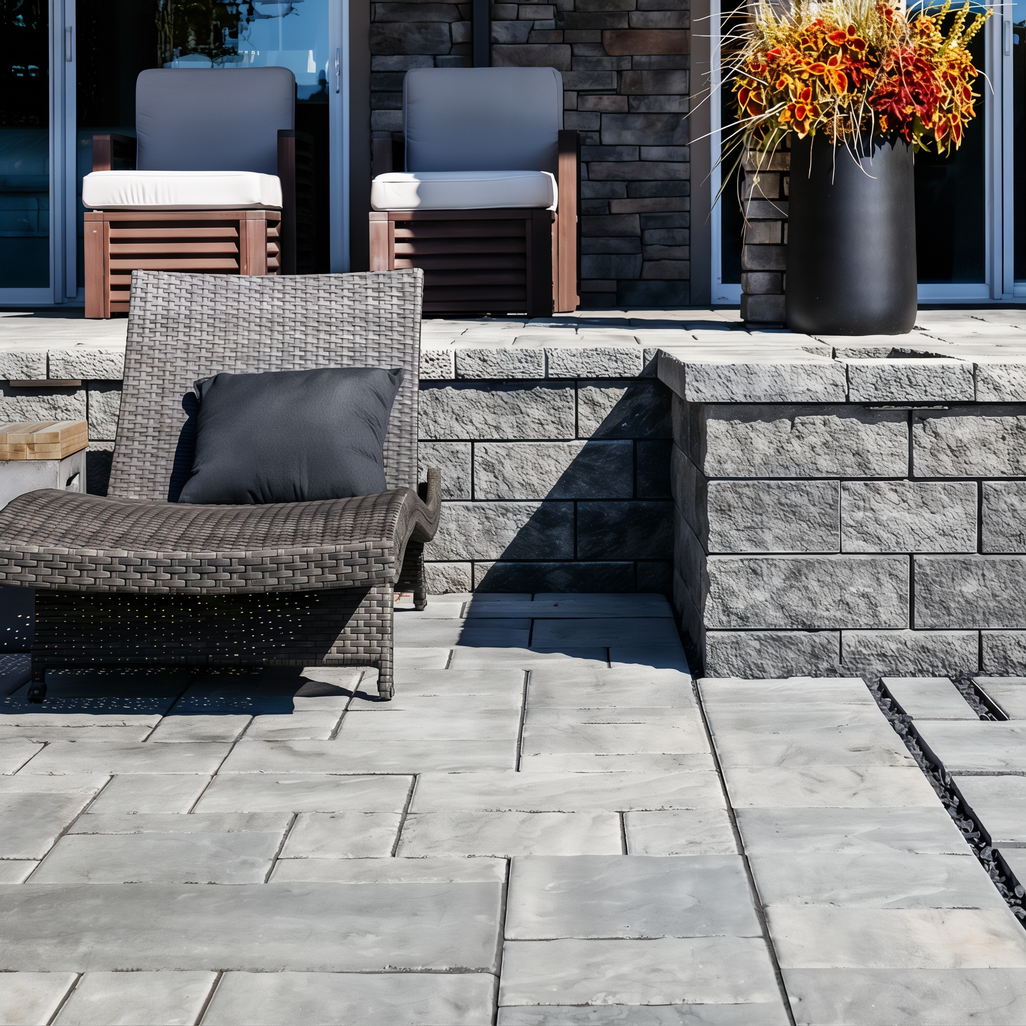 Techo-Bloc Semma Wall Shale Grey walls framing a spa terrace.