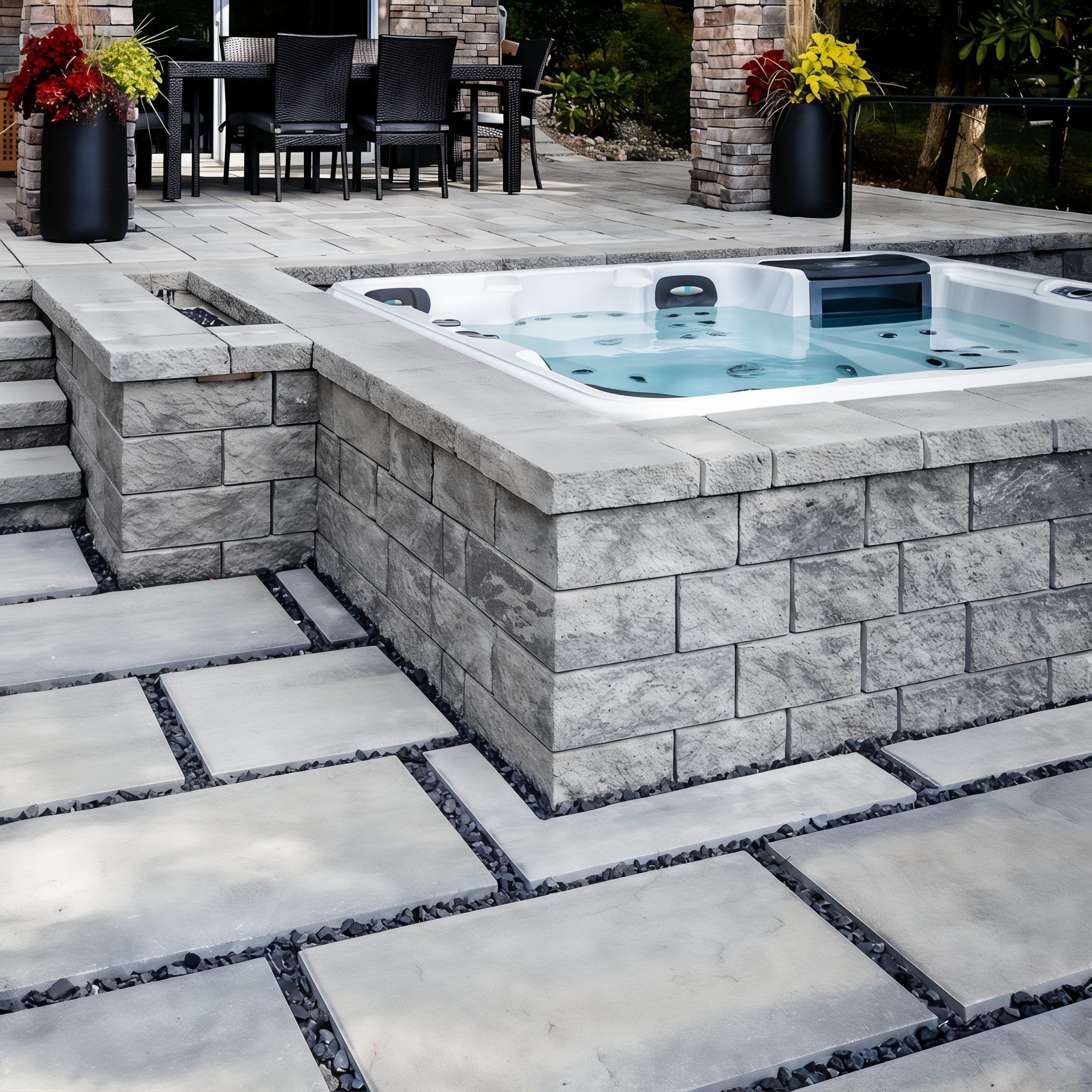 Techo-Bloc Semma Wall Shale Grey spa platform and steps.