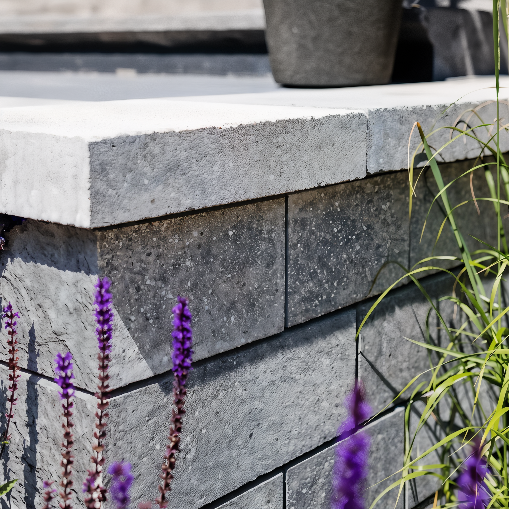 Techo-Bloc Semma Wall Shale Grey seating wall with garden plantings.