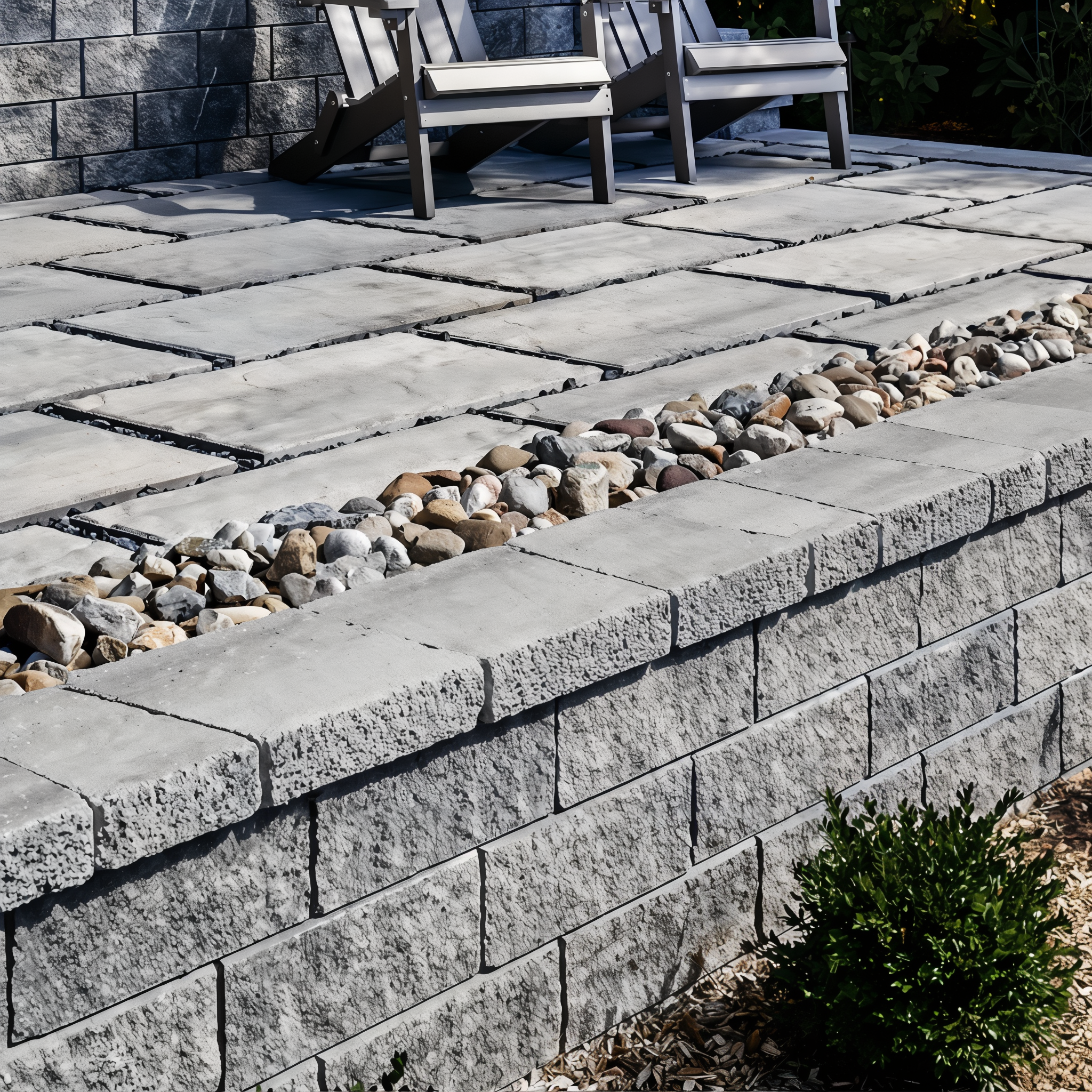 Techo-Bloc Semma Wall Shale Grey linear wall with river-rock border.