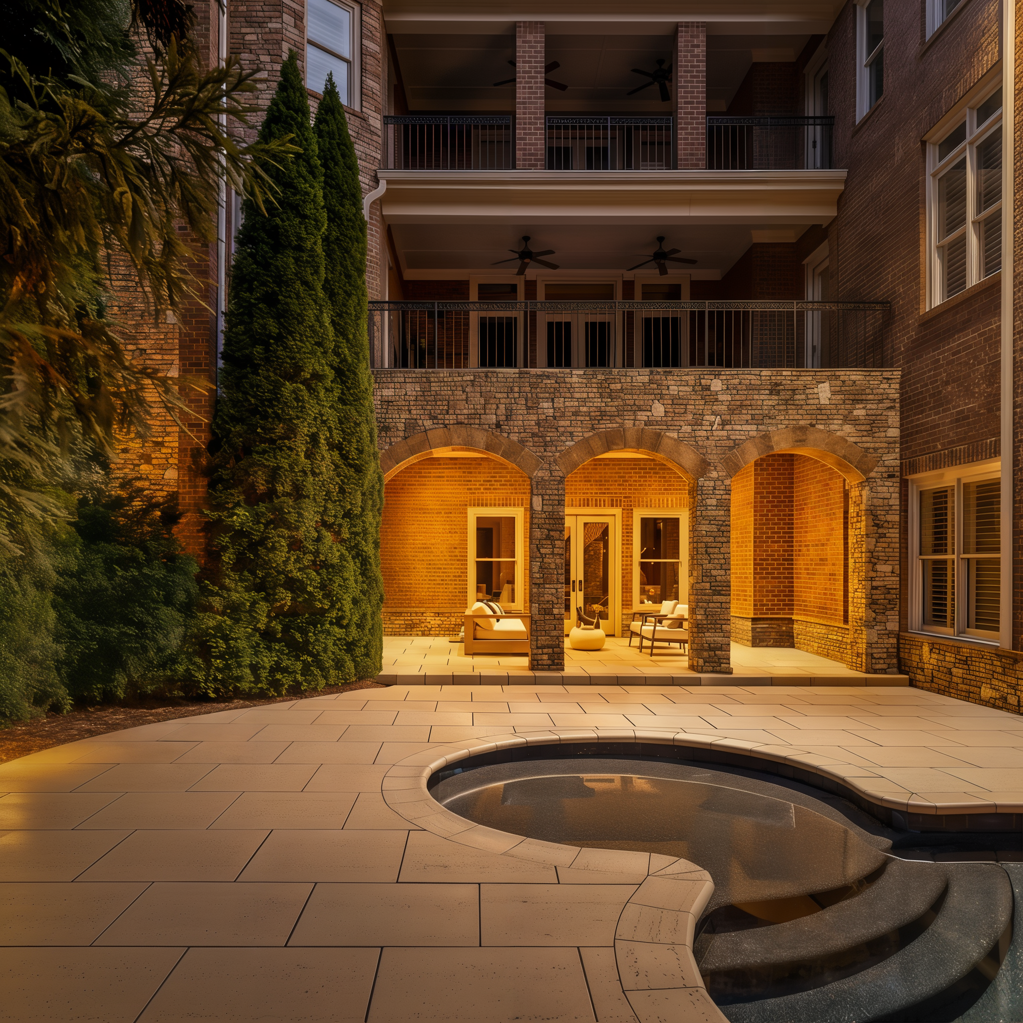 Elegant outdoor patio with Ivory Travertina slabs and caps around a pool.