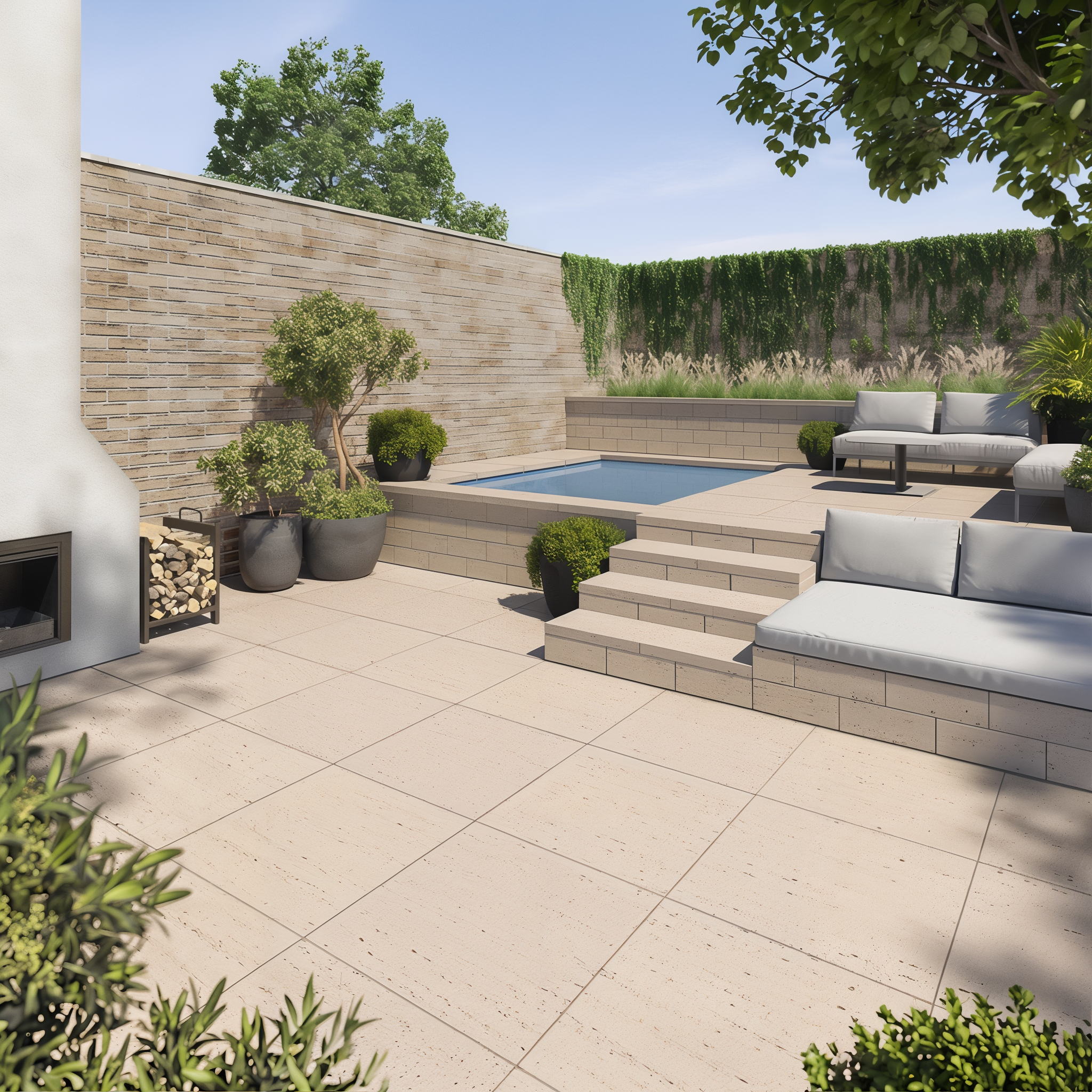 Travertina Cap couronnement (wall cap) showing yard application, Rock Garden Brown.