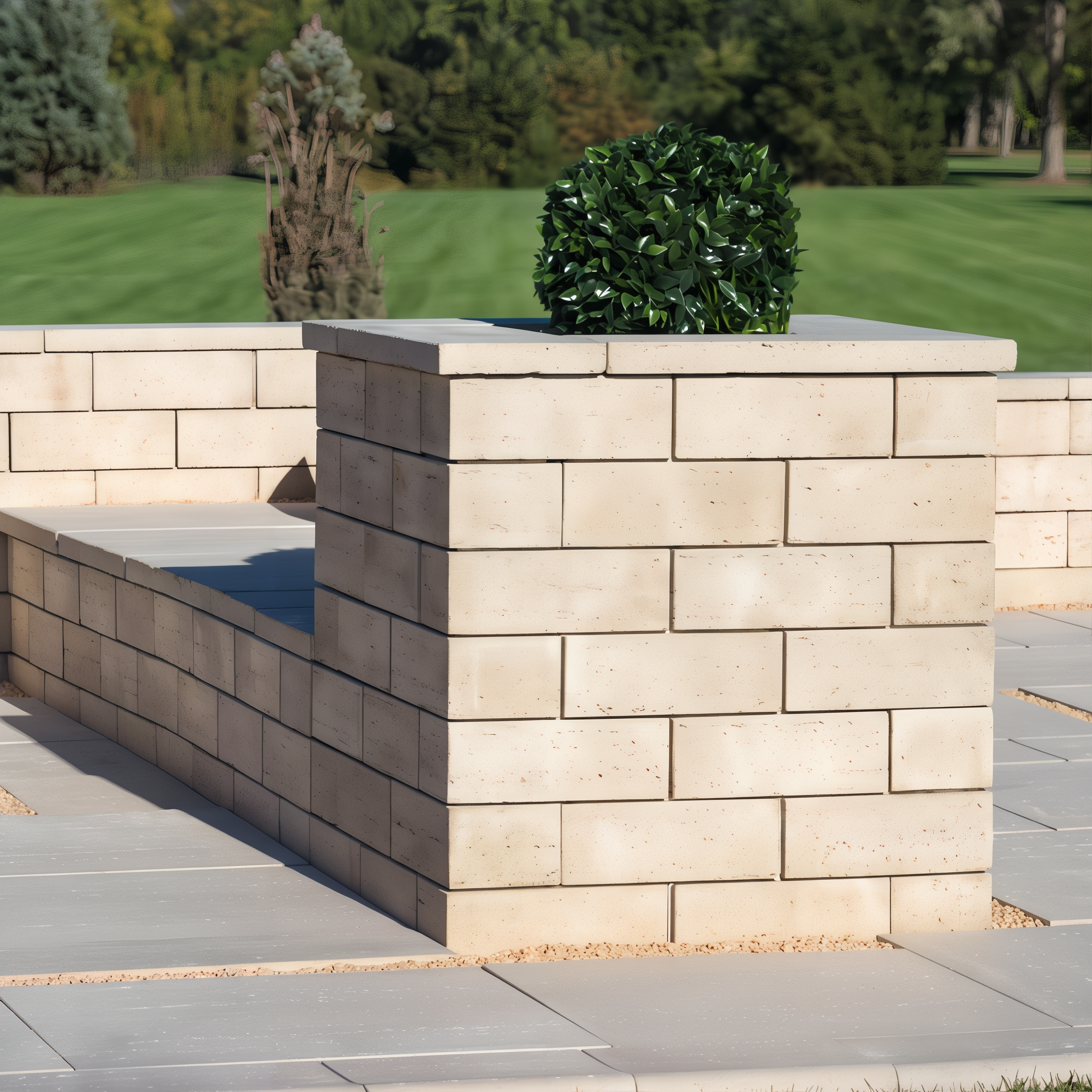 Travertina Raw Wall in Beige Cream used as walkway edging, Ivory Brushed Travertine corner and pillar