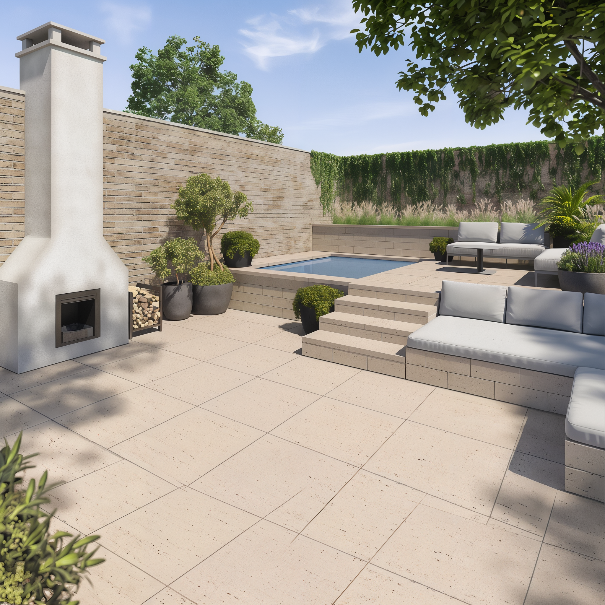 Travertina Raw Wall in Beige Cream used as walkway edging, Ivory Brushed Travertine wall