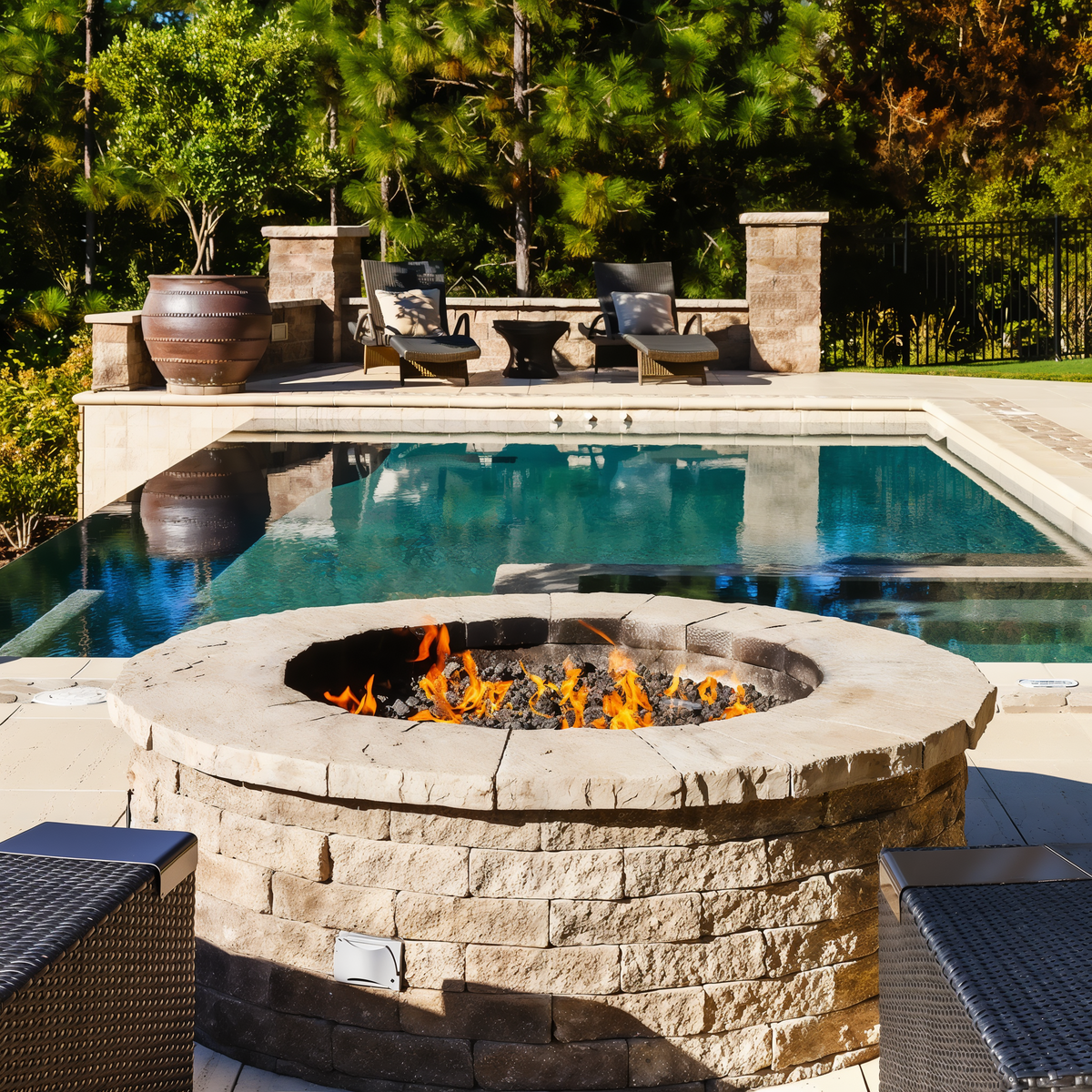 Valencia Firepit Chestnut Brown on patio with surrounding se.