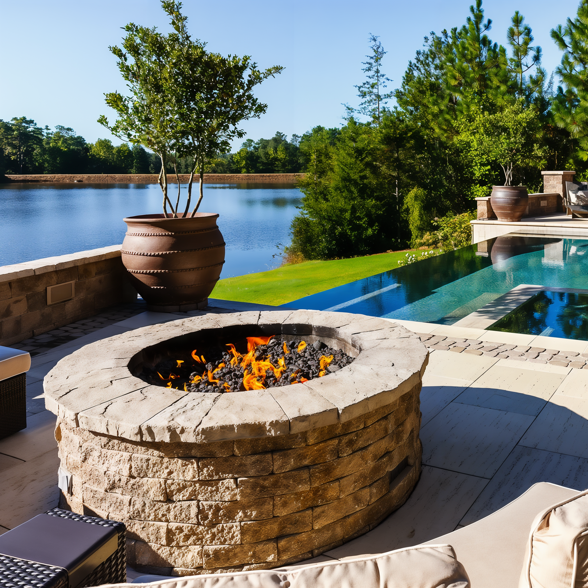 Valencia Firepit Chestnut Brown on patio near pool with natu.