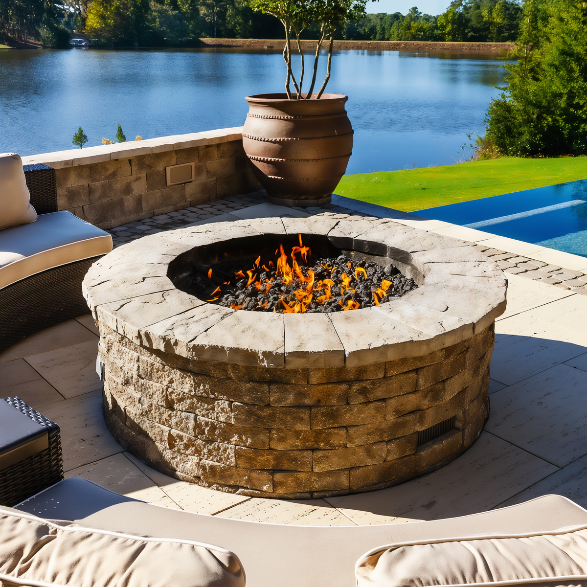 Valencia Firepit Chestnut Brown on patio overlooking lake wi.