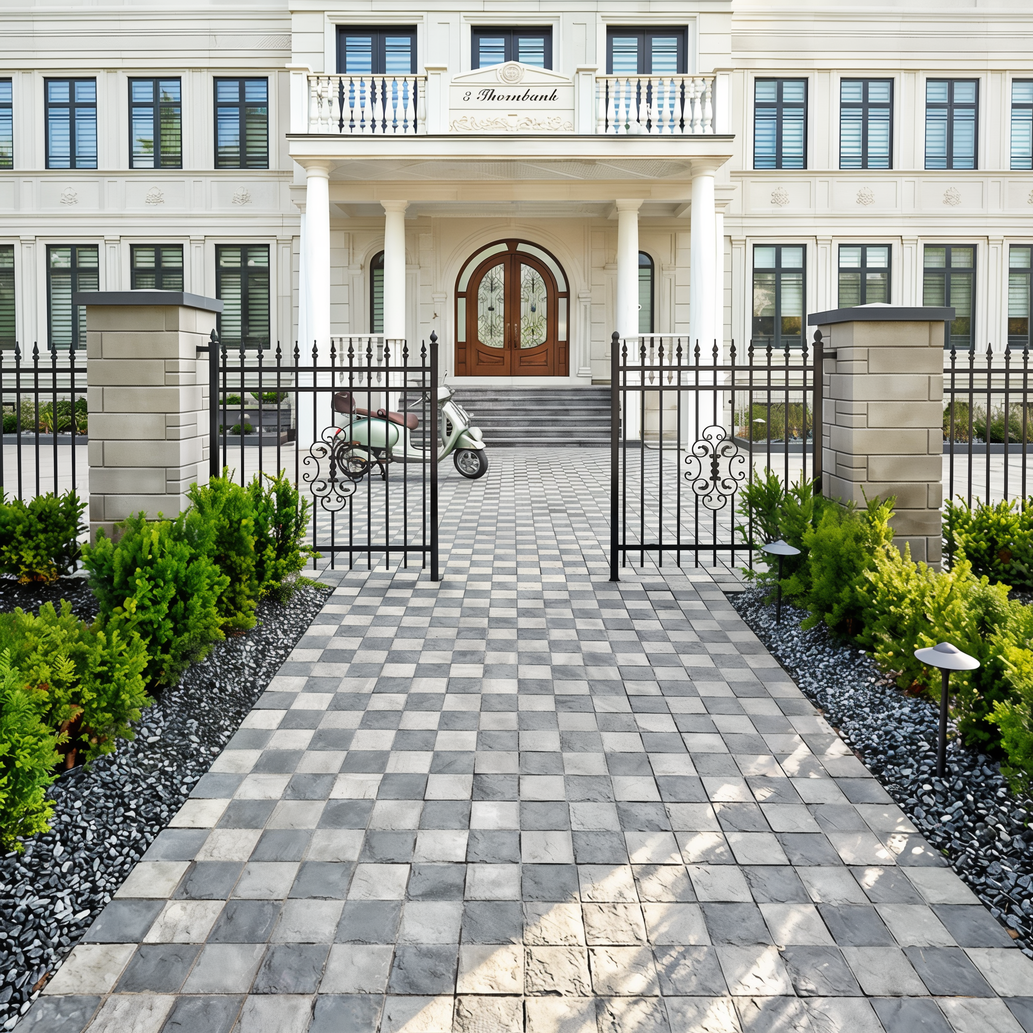 Shale Grey Valet pavers with basalt texture; checkered square pattern.