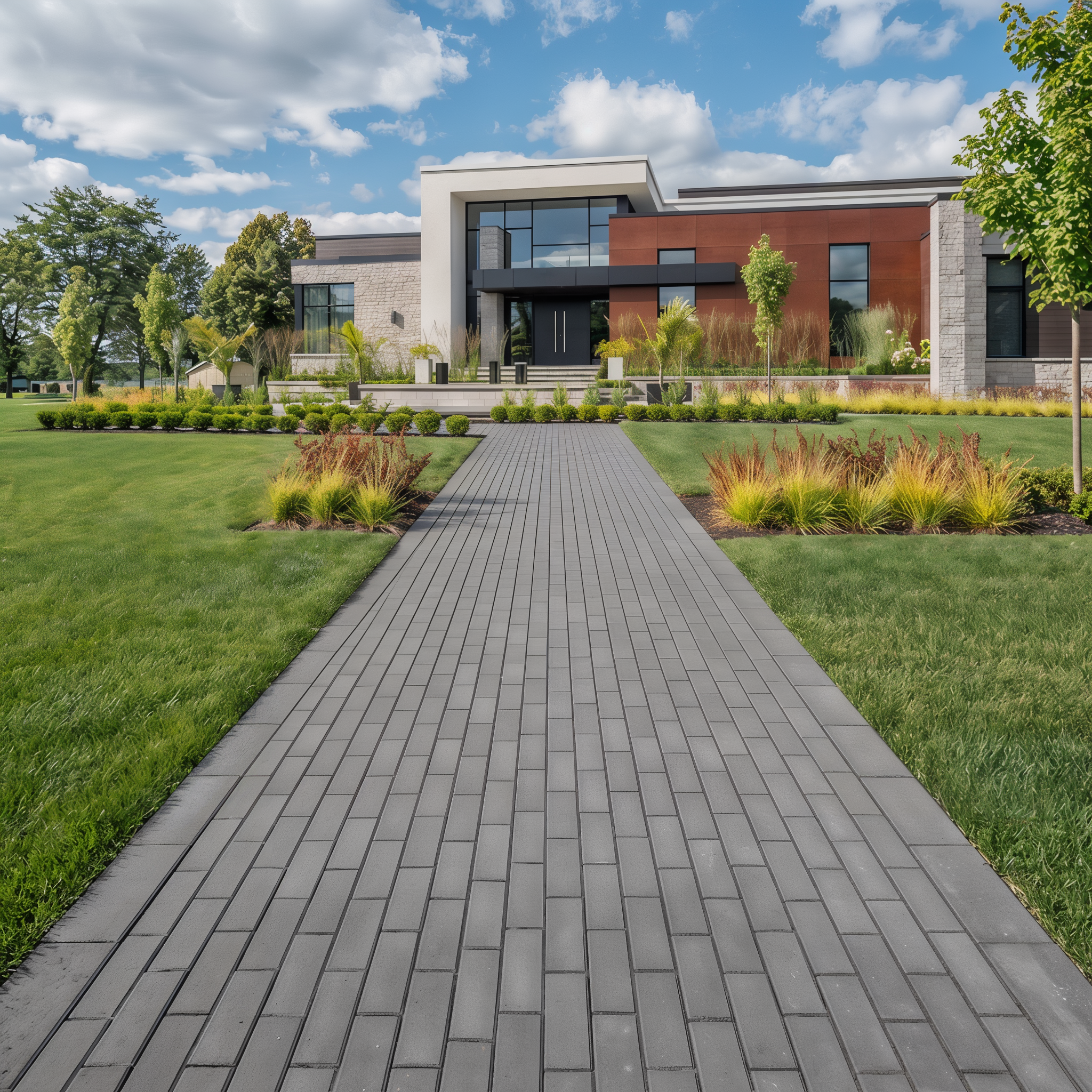 Techo-Bloc Victorien paver in Onyx Black, Shale Grey smooth single size walkway. #Shale Grey / Smooth#Single Size