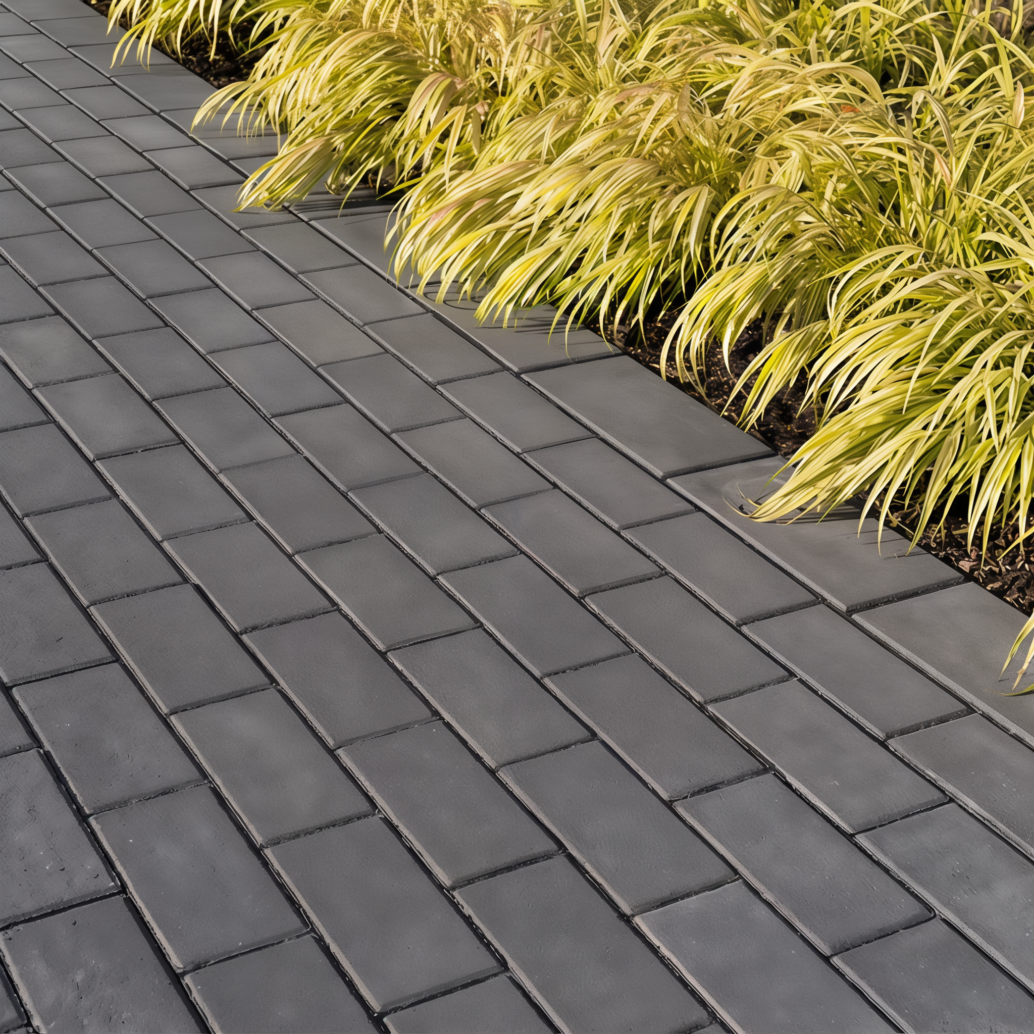 Techo-Bloc Victorien paver in Onyx Black, Onyx Black smooth single size walkway.