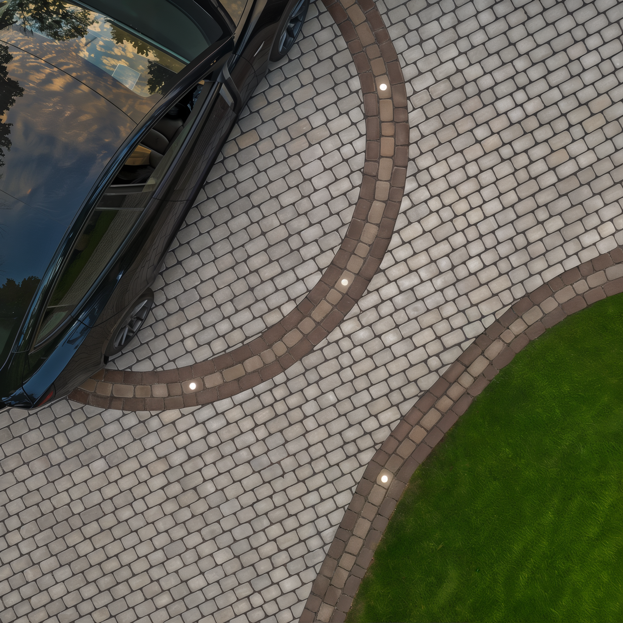 Circular arrangement of Shale Grey Villagio paver in driveway (Shale Grey / Beveled/Permeable/Modular Size)