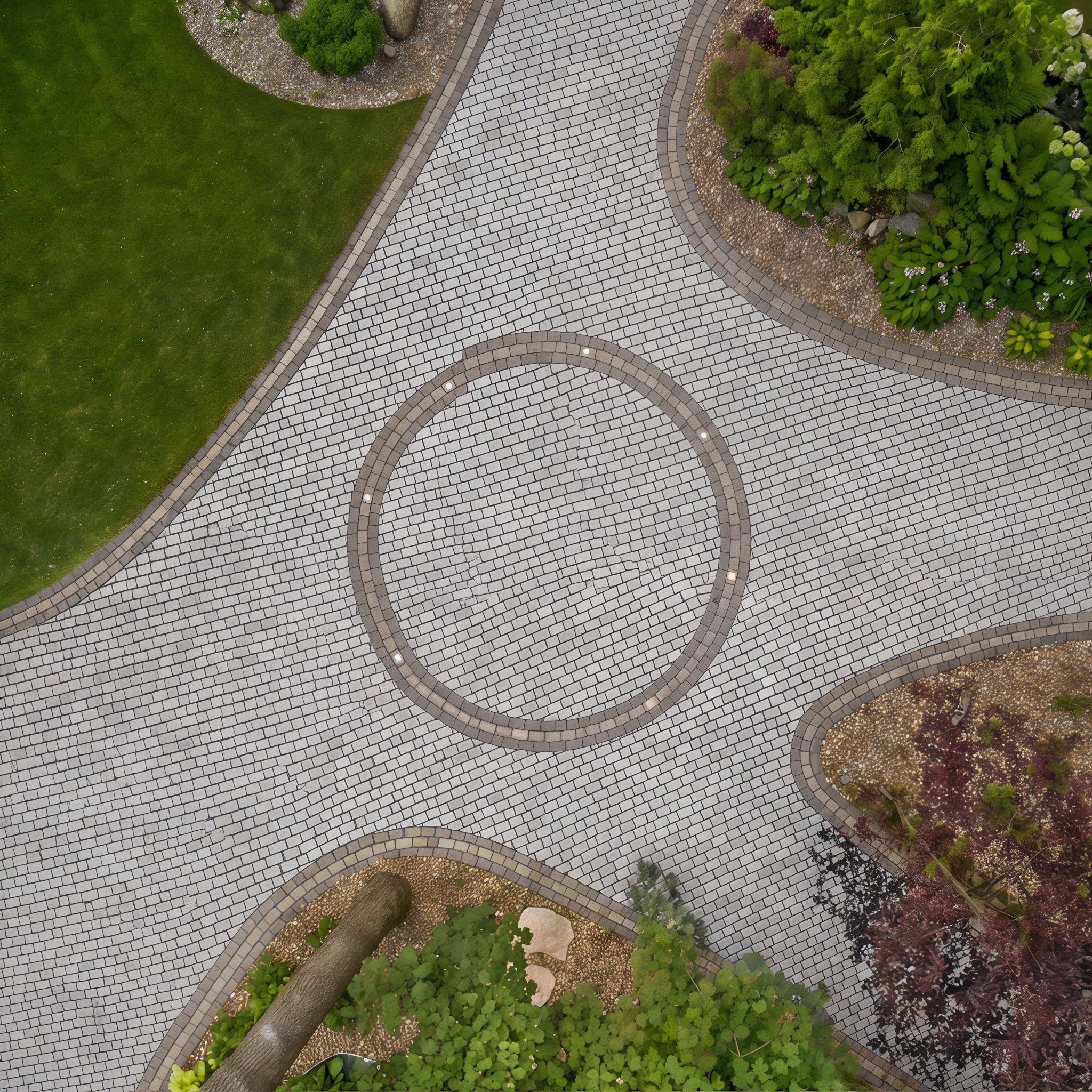 Curved garden paths created by Shale Grey Villagio stone (Sandlewood / Beveled/Permeable/Modular Size)