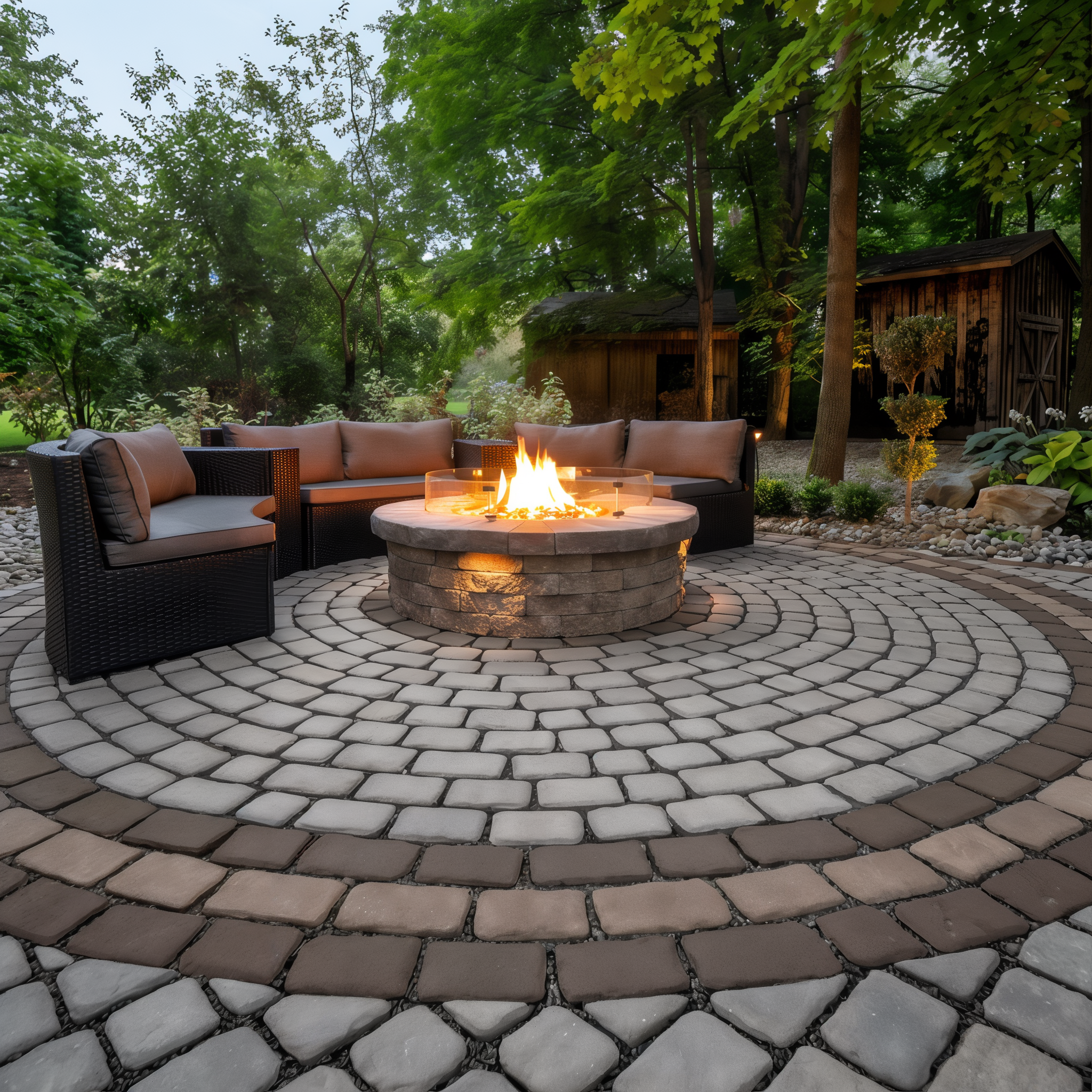 Concentric rings of Villagio pavers around fire pit: Chestnut and Chocolate Brown (Chocolate Brown / Beveled/Permeable/Modular Size)