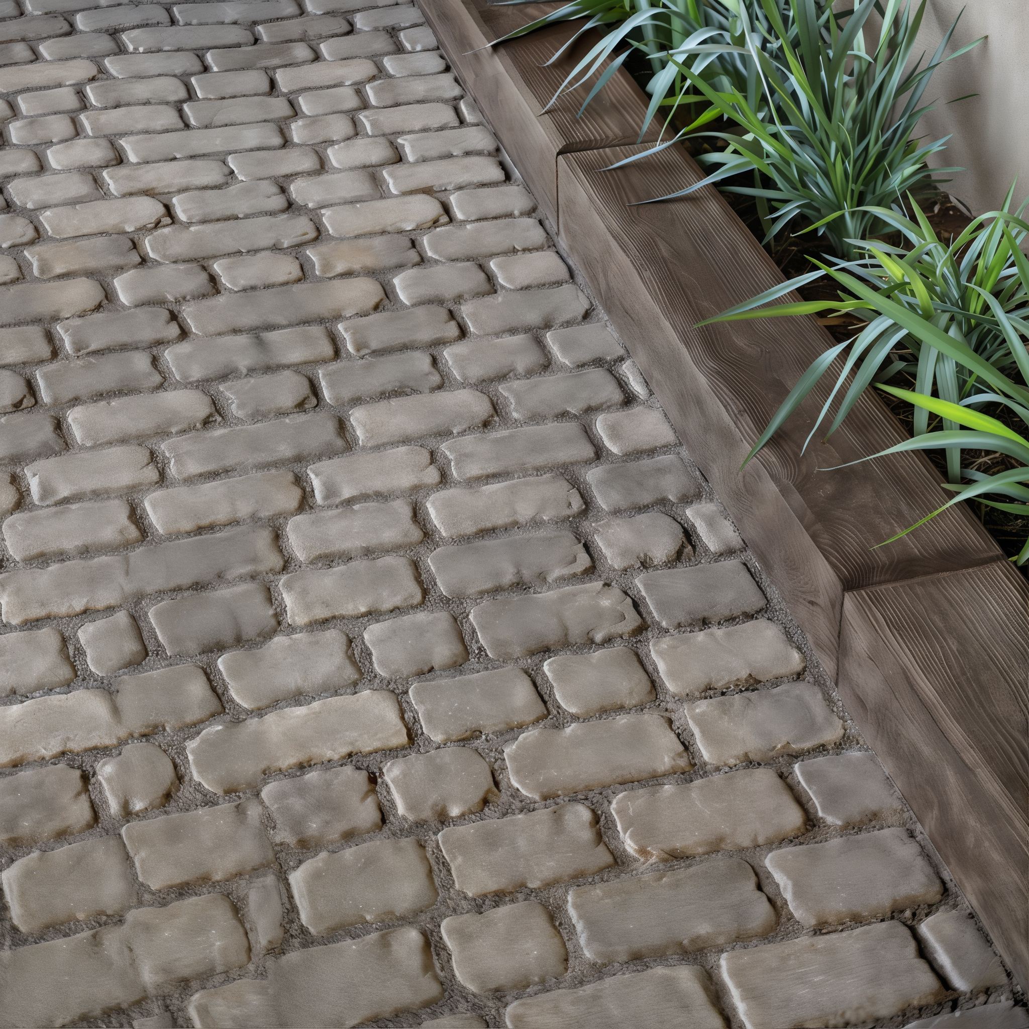 Garden path formed by Champlain Grey Villagio pavers (Onyx Black / Beveled/Permeable/Modular Size)